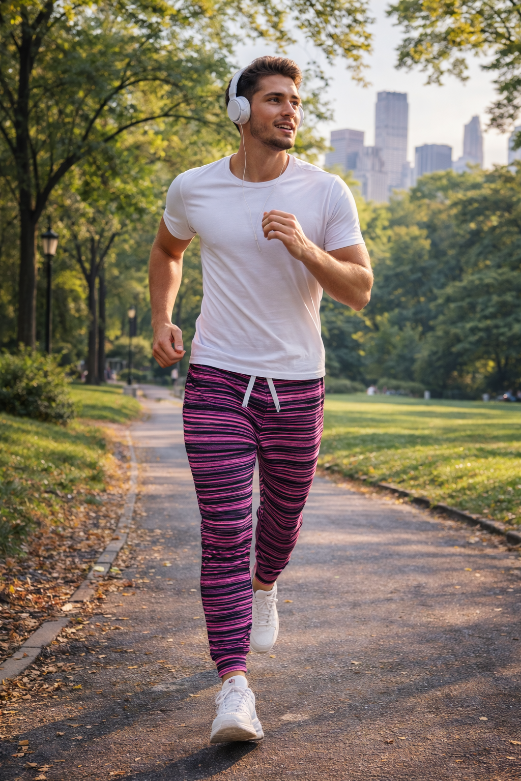 Man jogging outdoors wearing black and pink striped joggers, athletic streetwear look