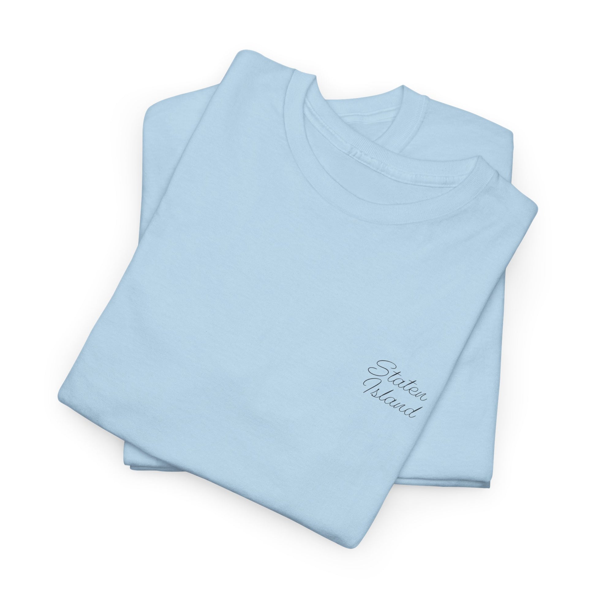 Folded light blue Staten Island T-Shirts stacked together.