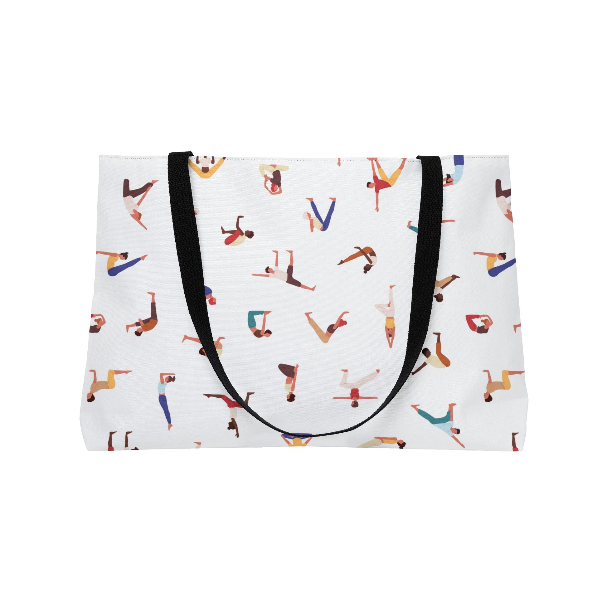 Tote bag with colorful yoga pose pattern on a white background