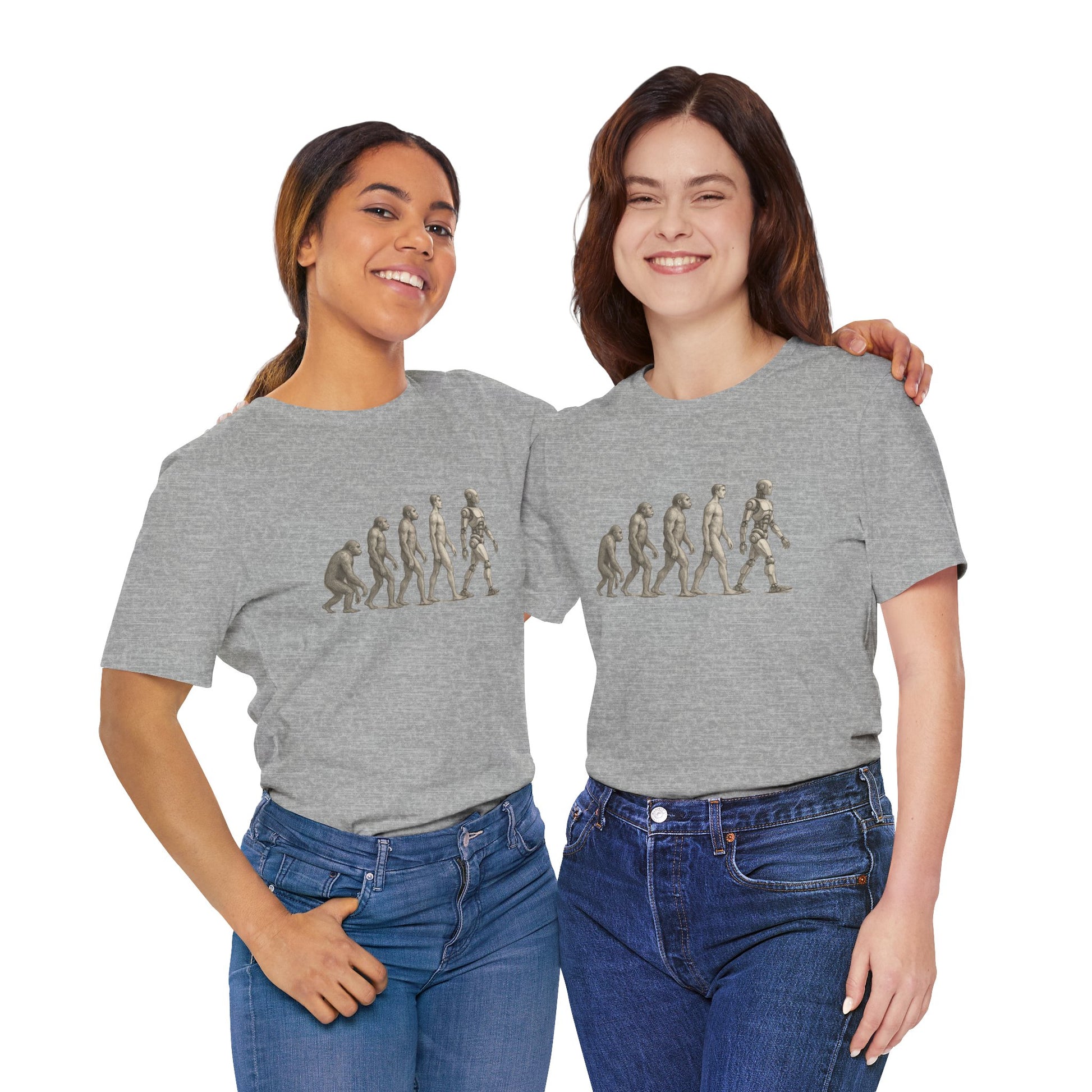 Two people wearing gray t-shirts with a graphic design on a white background