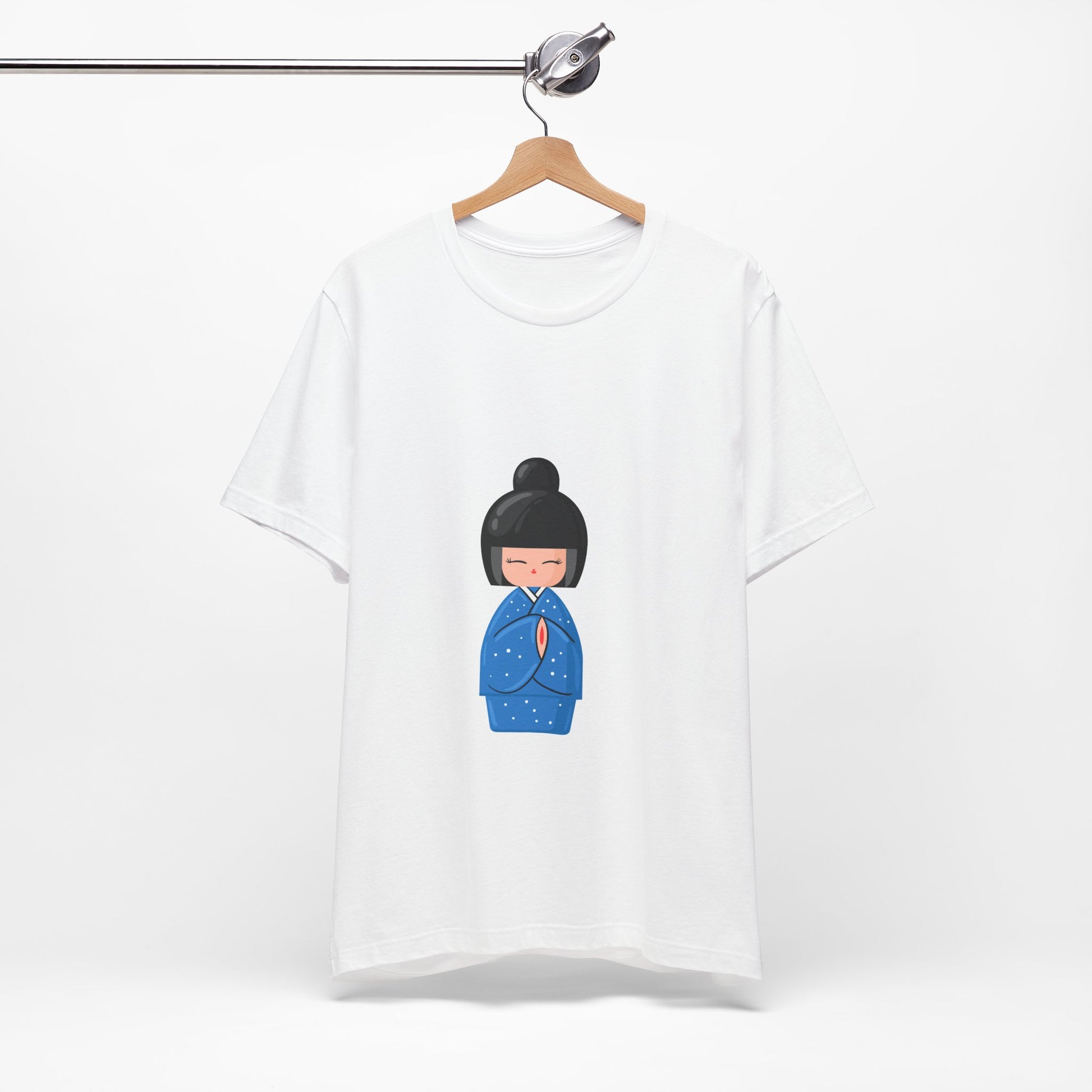 White Geisha Blue T-Shirt on hanger with cultural graphic design