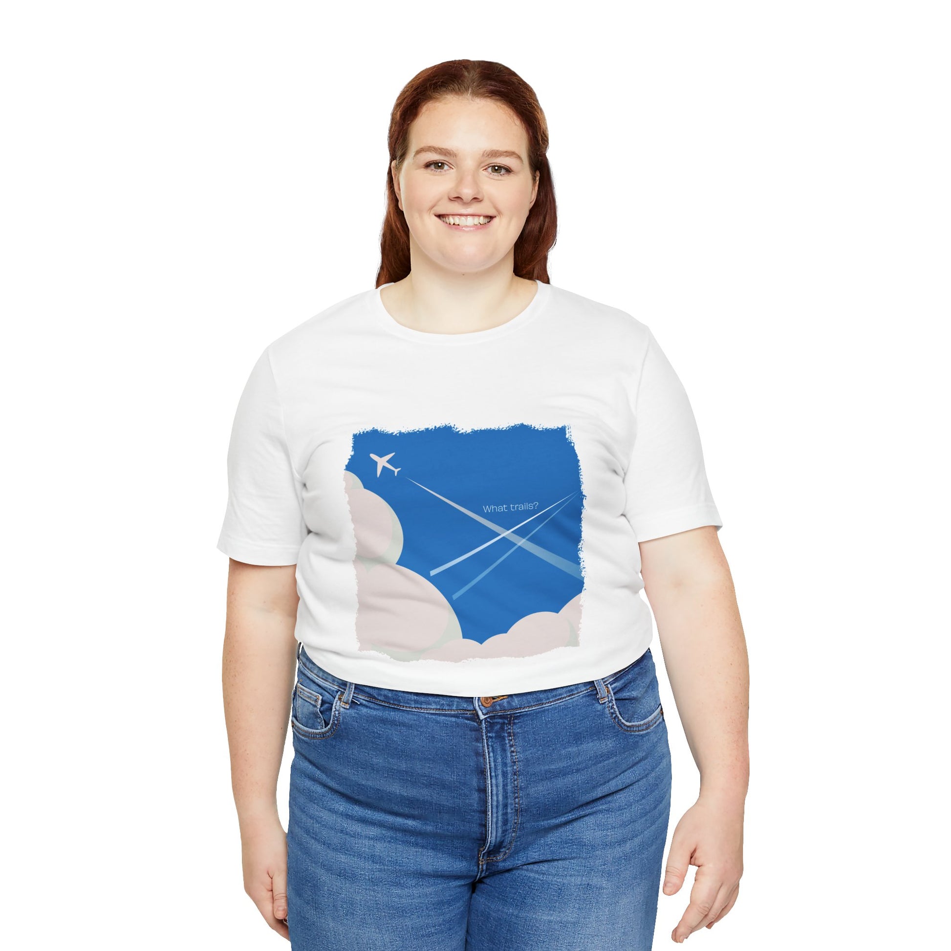 Person wearing a white t-shirt with a blue graphic design on a white background