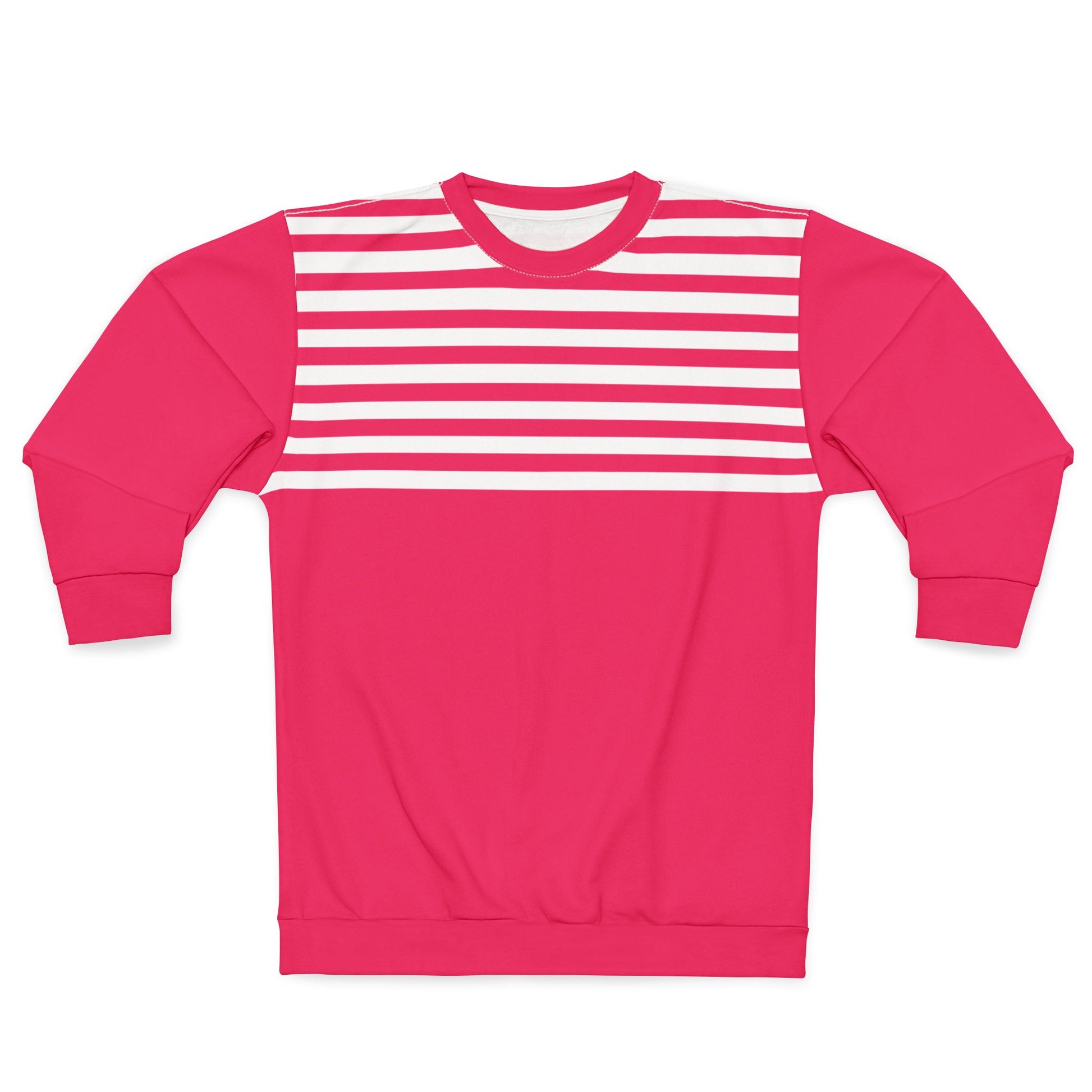 Pink sweatshirt with white horizontal stripes on a white background