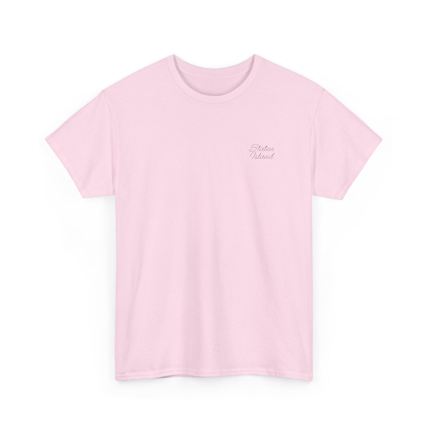 Pink Staten Island T-Shirt flat lay front view.