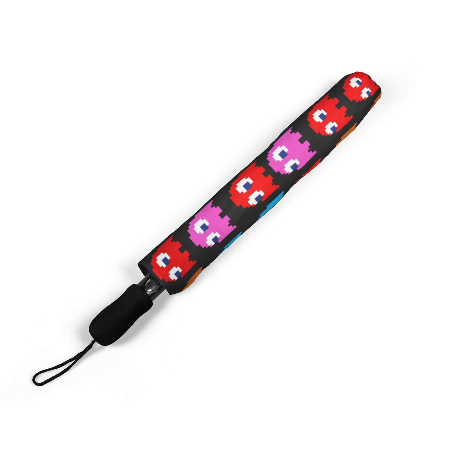 Sleeve of a Pac-Man themed semi-automatic umbrella featuring colorful ghosts and retro arcade patterns made of 100% polyester
