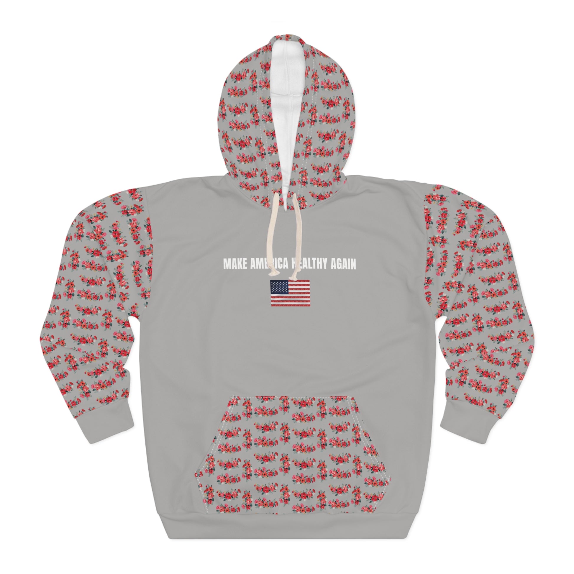 A gray unisex hoodie that says "Make America Healthy Again" above an American flag graphic, featuring red floral patterned sleeves and front pocket, standing against a white background.