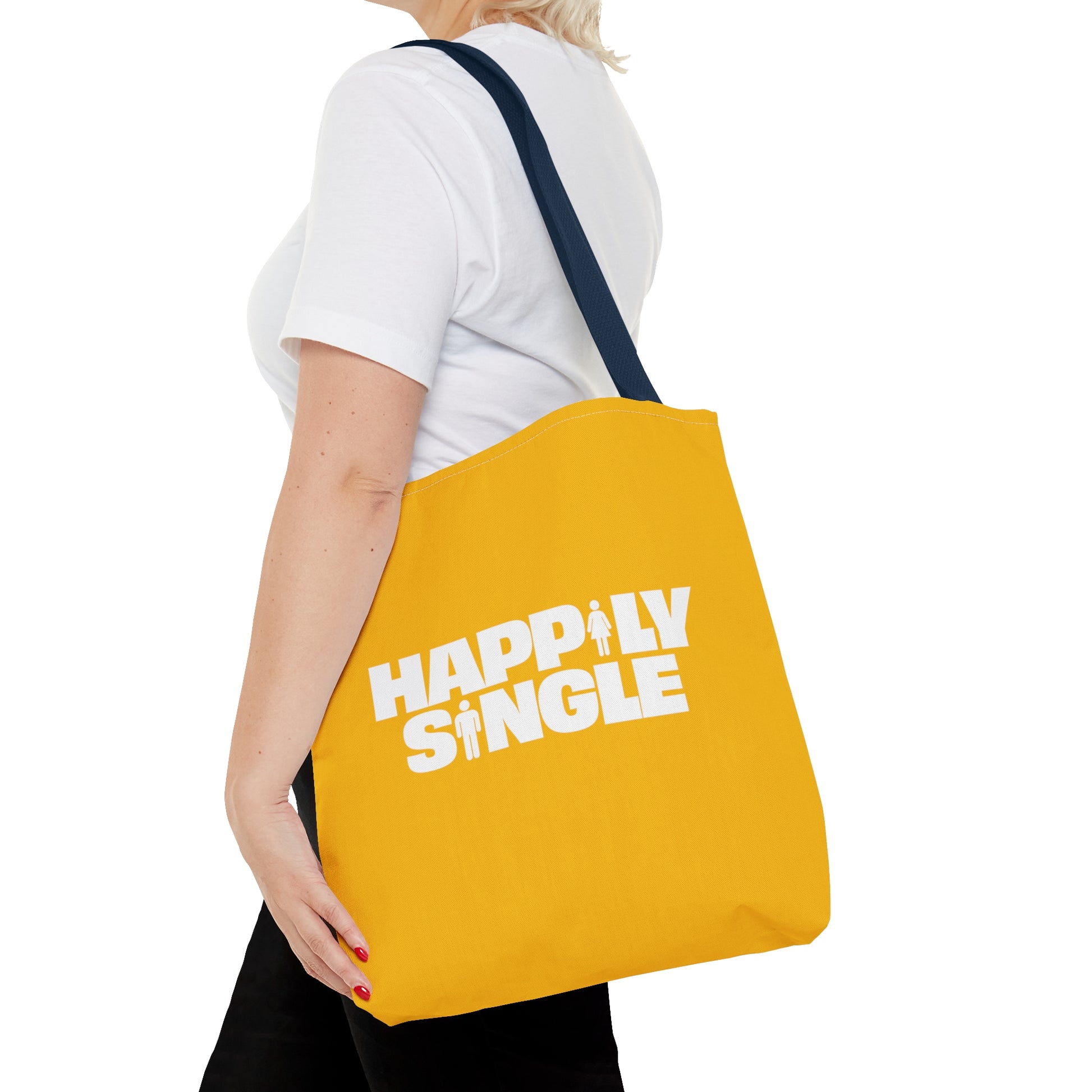 Yellow tote bag featuring the bold white text "Happily Single" with small male and female icons
