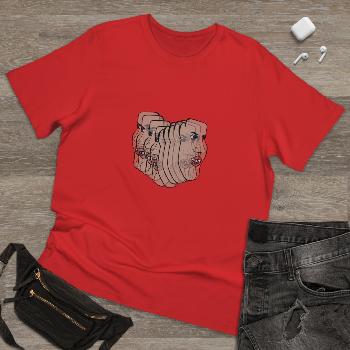 Red Charlie graphic t-shirt laid flat with crossbody bag and jeans