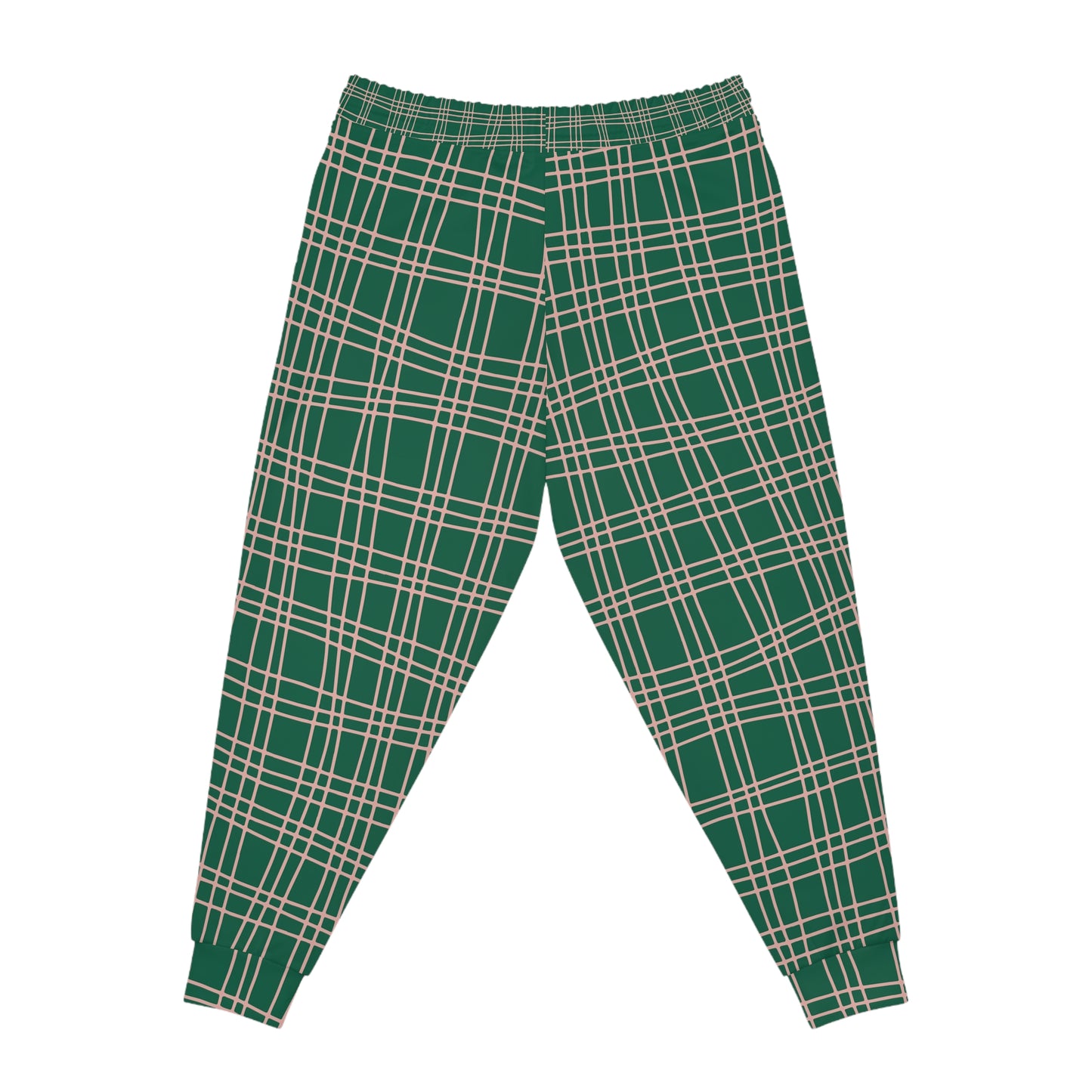 Back view of Green Plaid Joggers laid flat, showing tapered cut and plaid design.