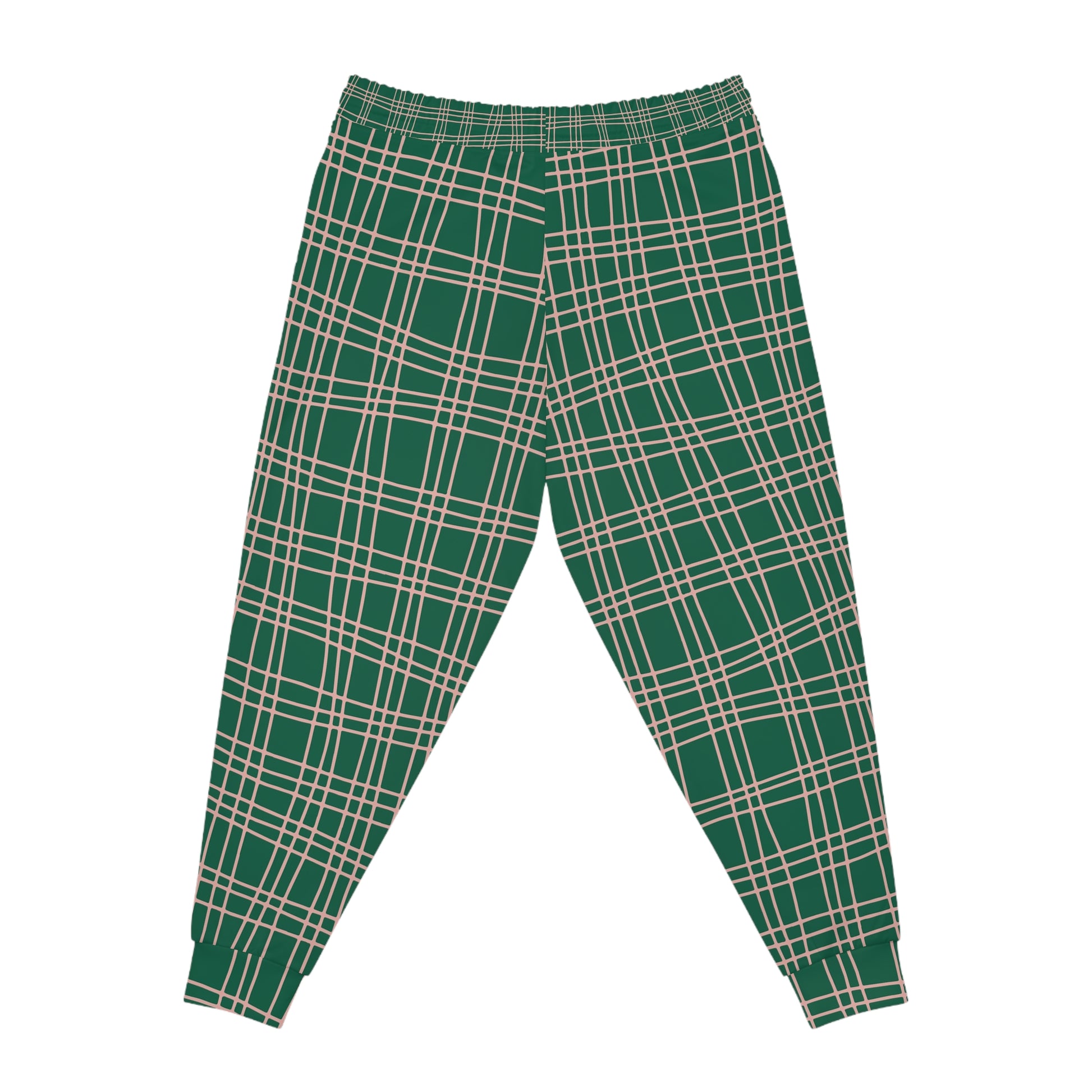 Back view of Green Plaid Joggers laid flat, showing tapered cut and plaid design.