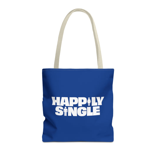 Blue tote bag featuring the bold white text "Happily Single" with small male and female icons