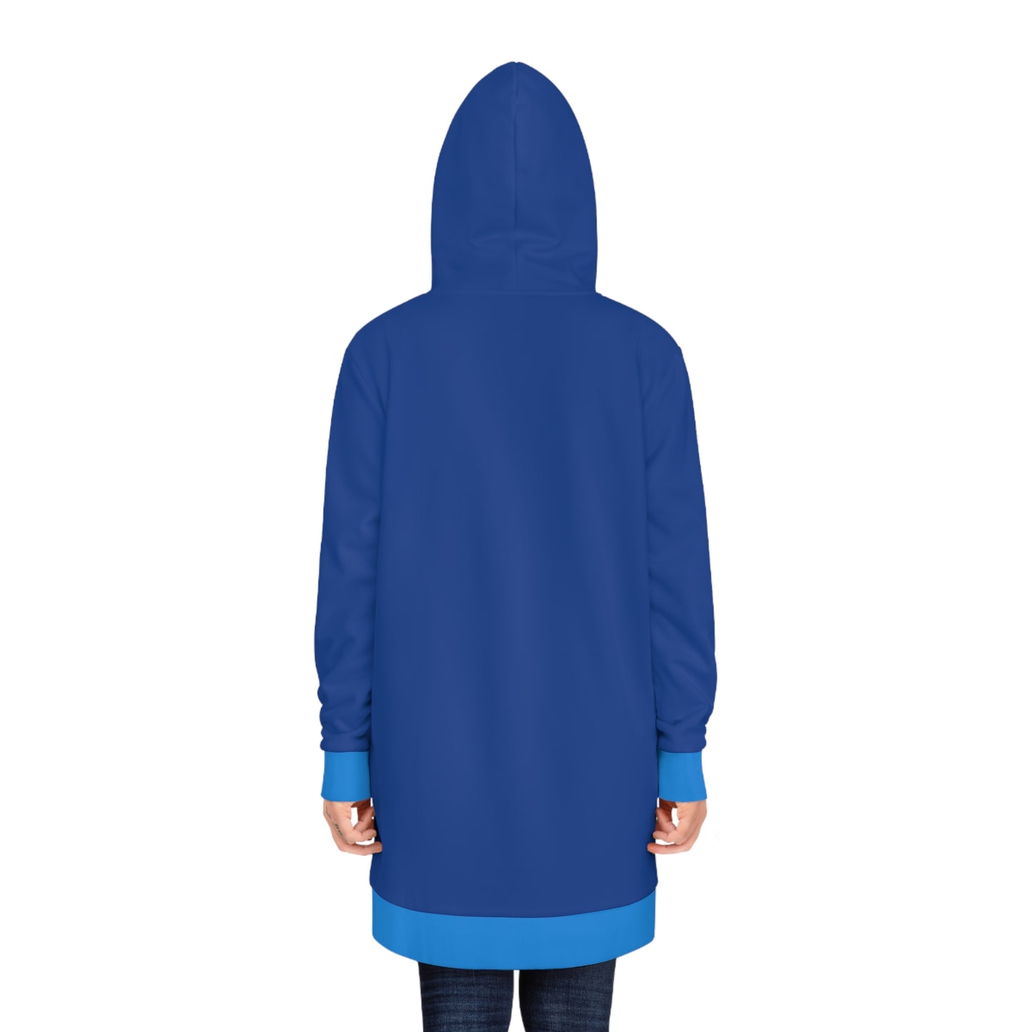 Female model back view of Blue and Celeste Hoodie Dress with hood on