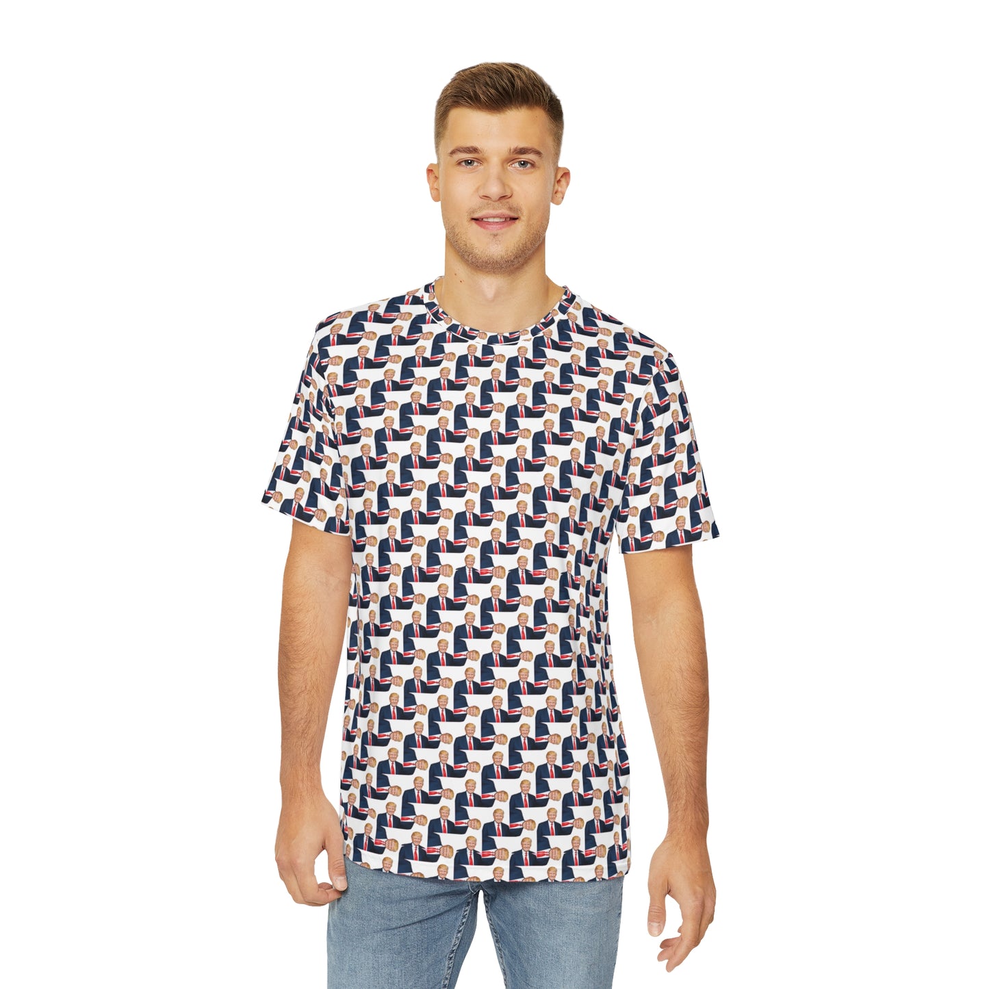 Front view of The Donald men’s T-shirt with political graphic all-over print