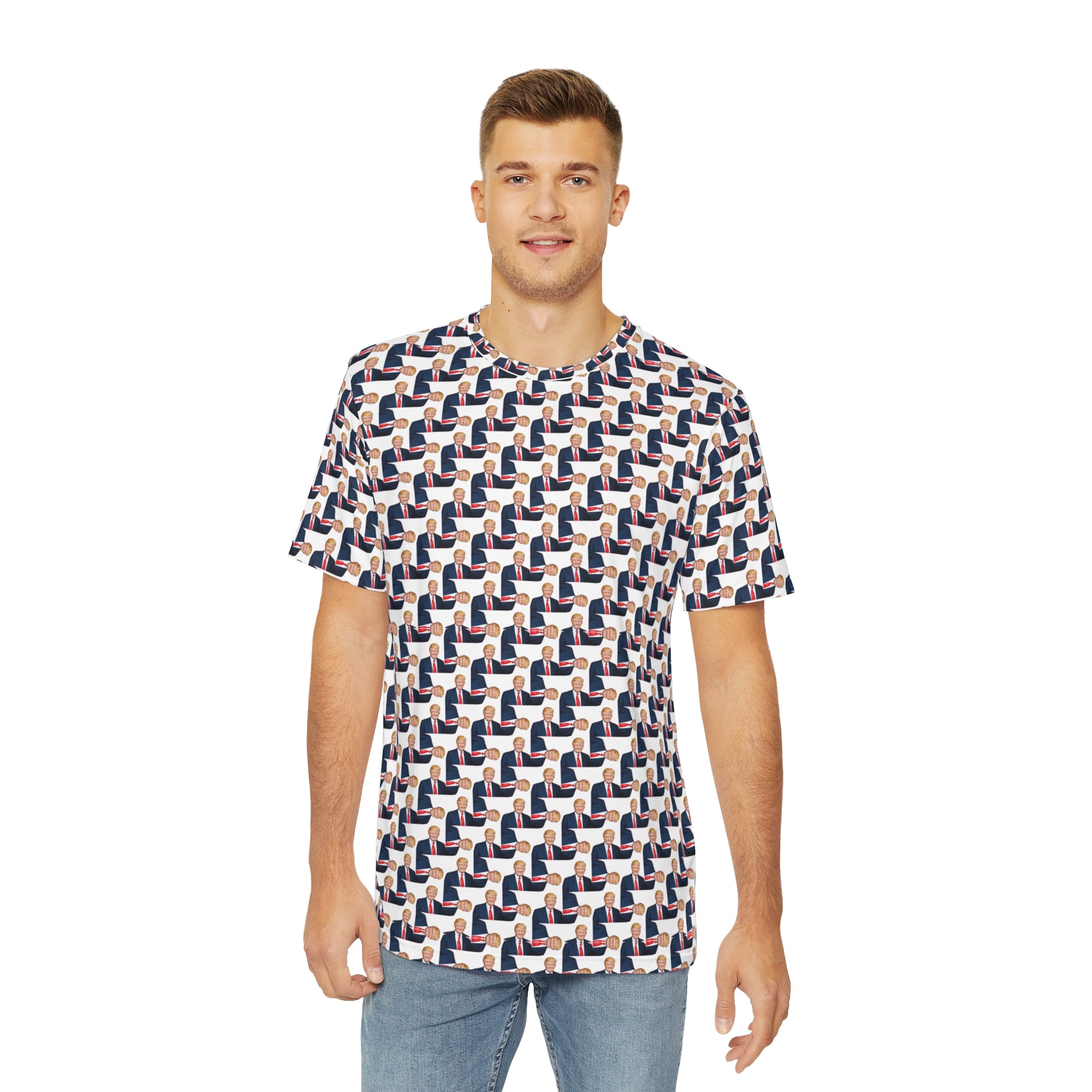 Front view of The Donald men’s T-shirt with political graphic all-over print