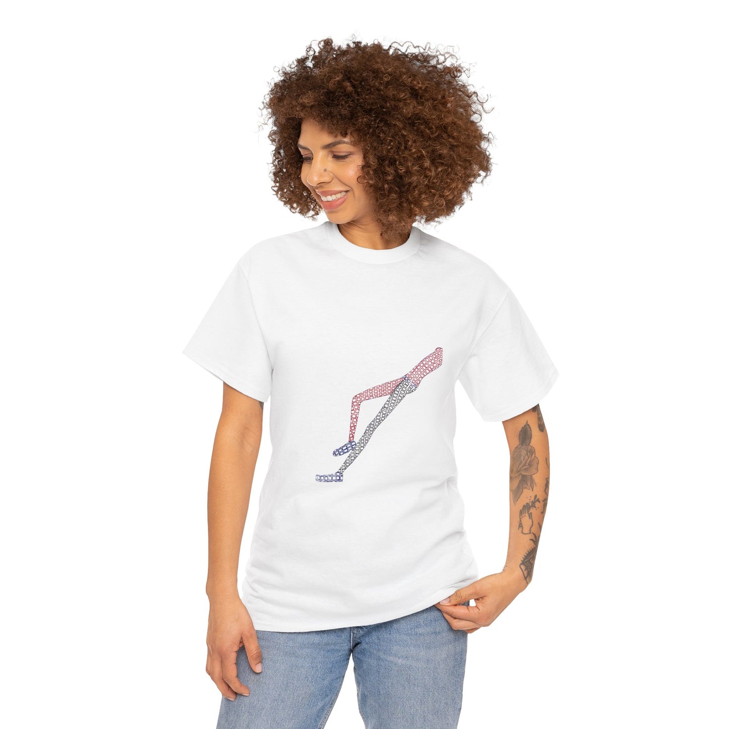 Woman wearing white Shapes in Shapes T-Shirt with hands in pockets