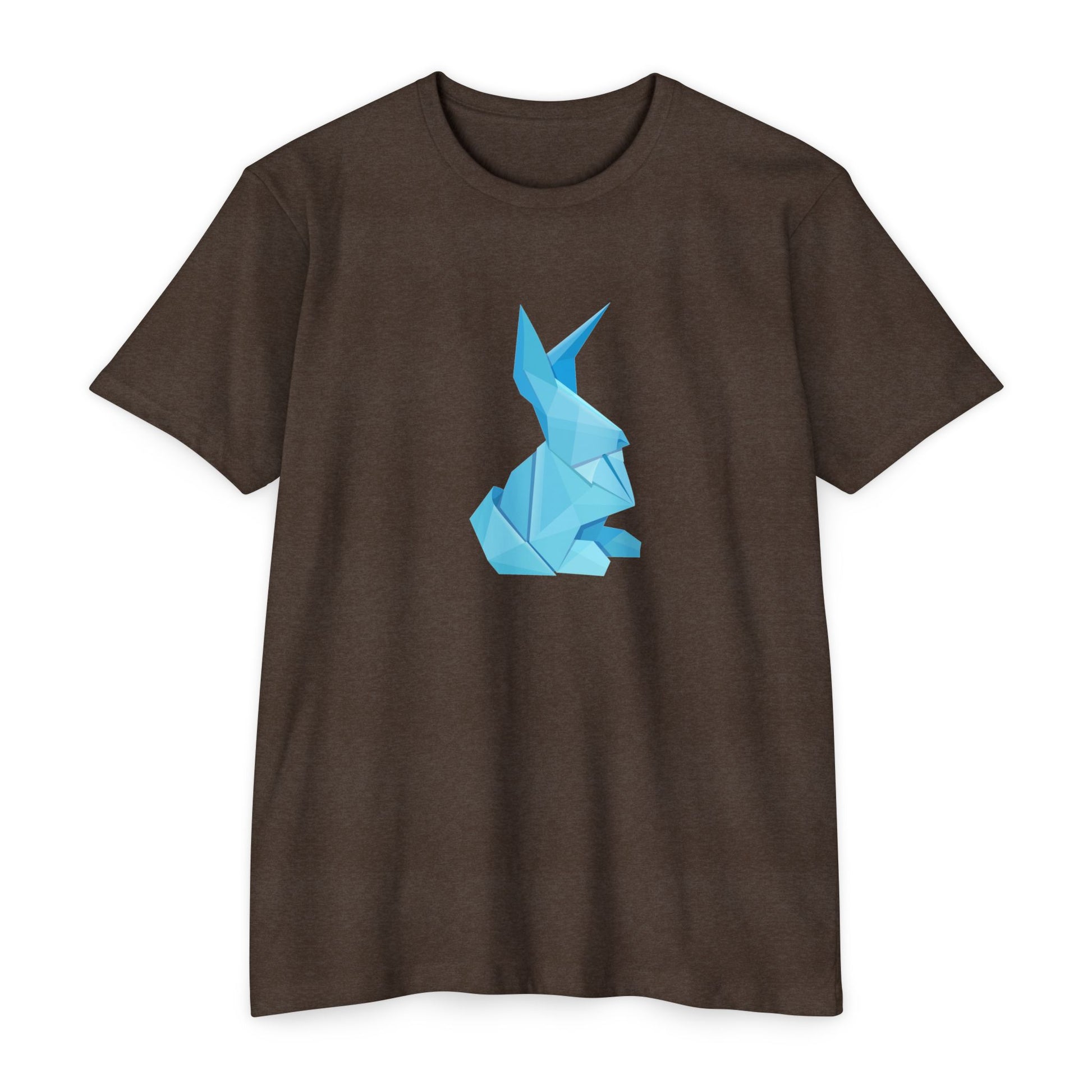 Brown Origami Bunny T-Shirt with origami bunny graphic laid flat.