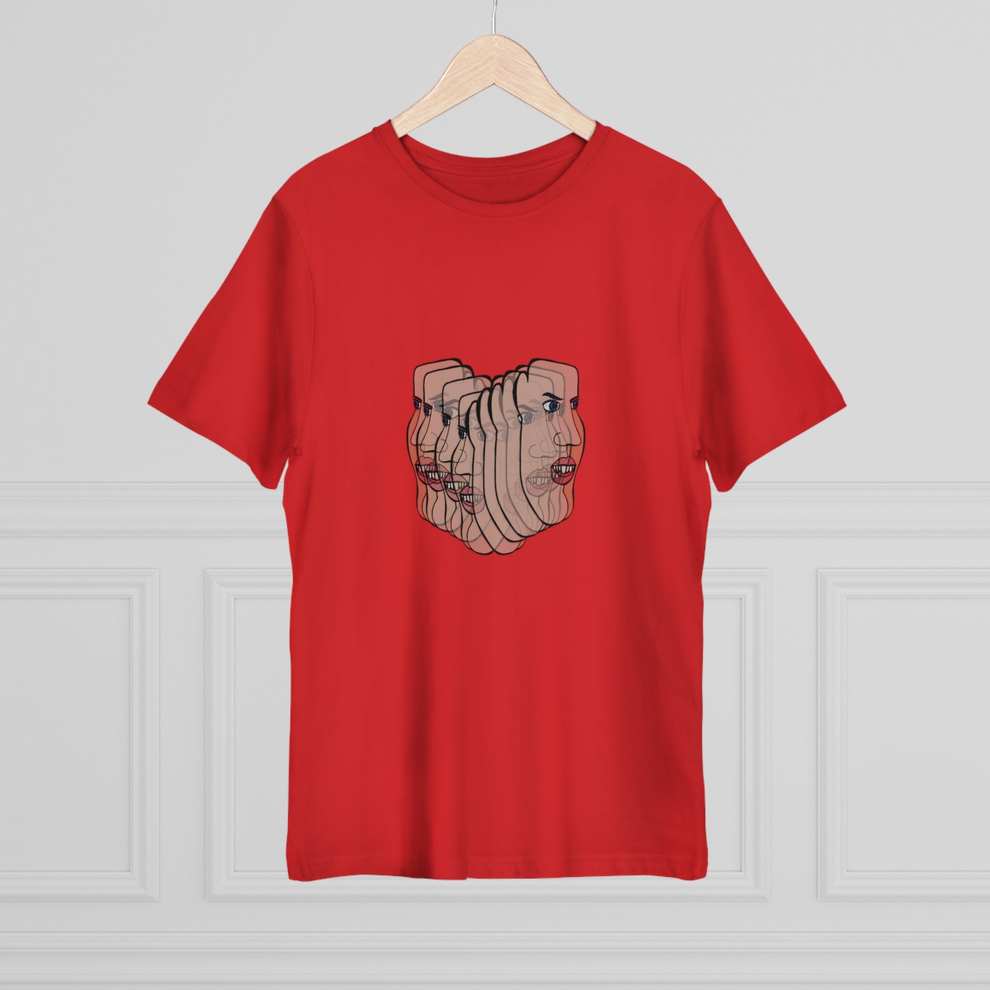 Red Charlie tee with face graphic hanging on wooden hanger