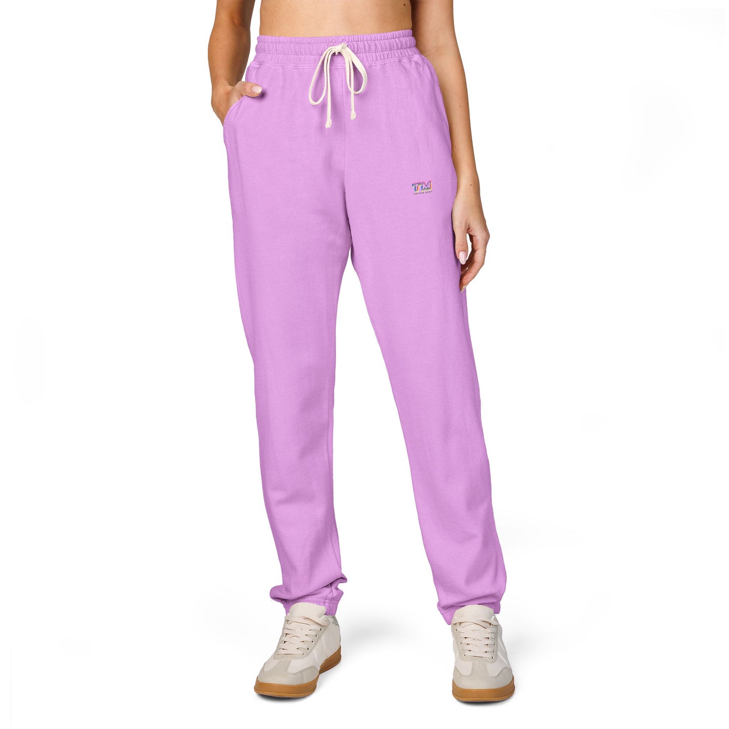 Lavender Tantrum Media Cozy Fleece Sweatpants on model full length