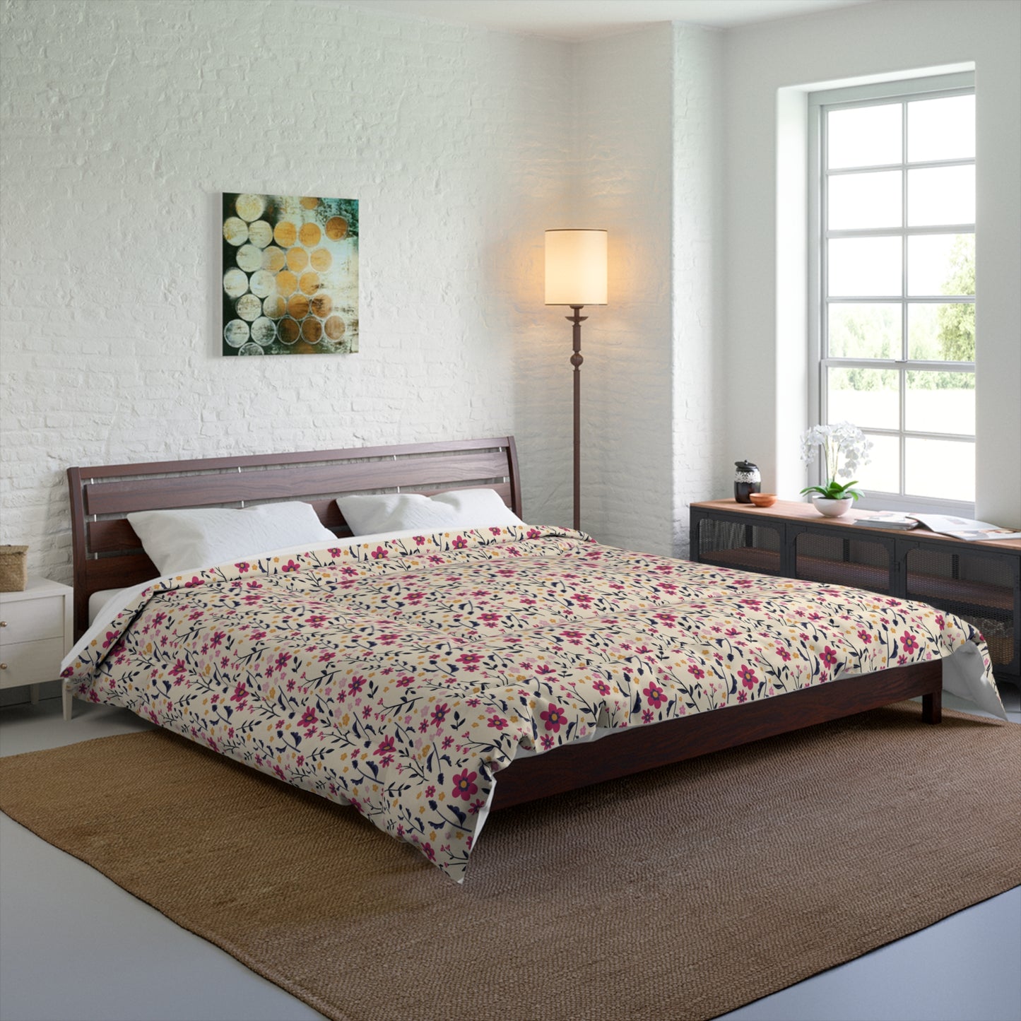 Bedroom with Little Flowers Comforter featuring pink floral pattern on cream base, spread neatly on wooden bed.