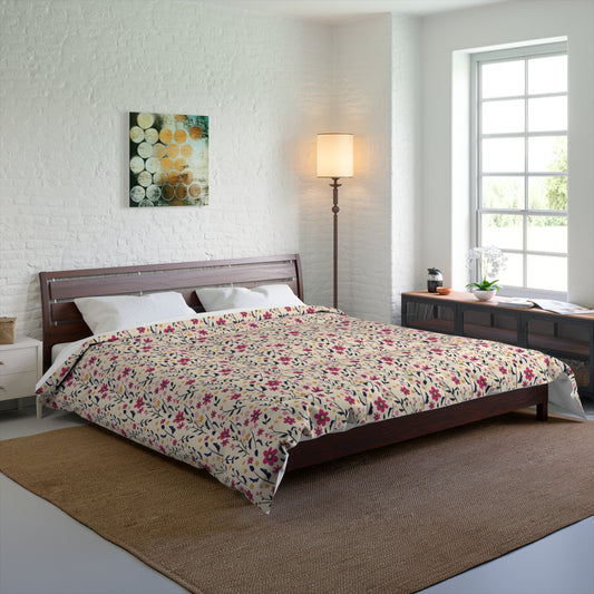 Bedroom with Little Flowers Comforter featuring pink floral pattern on cream base, spread neatly on wooden bed.