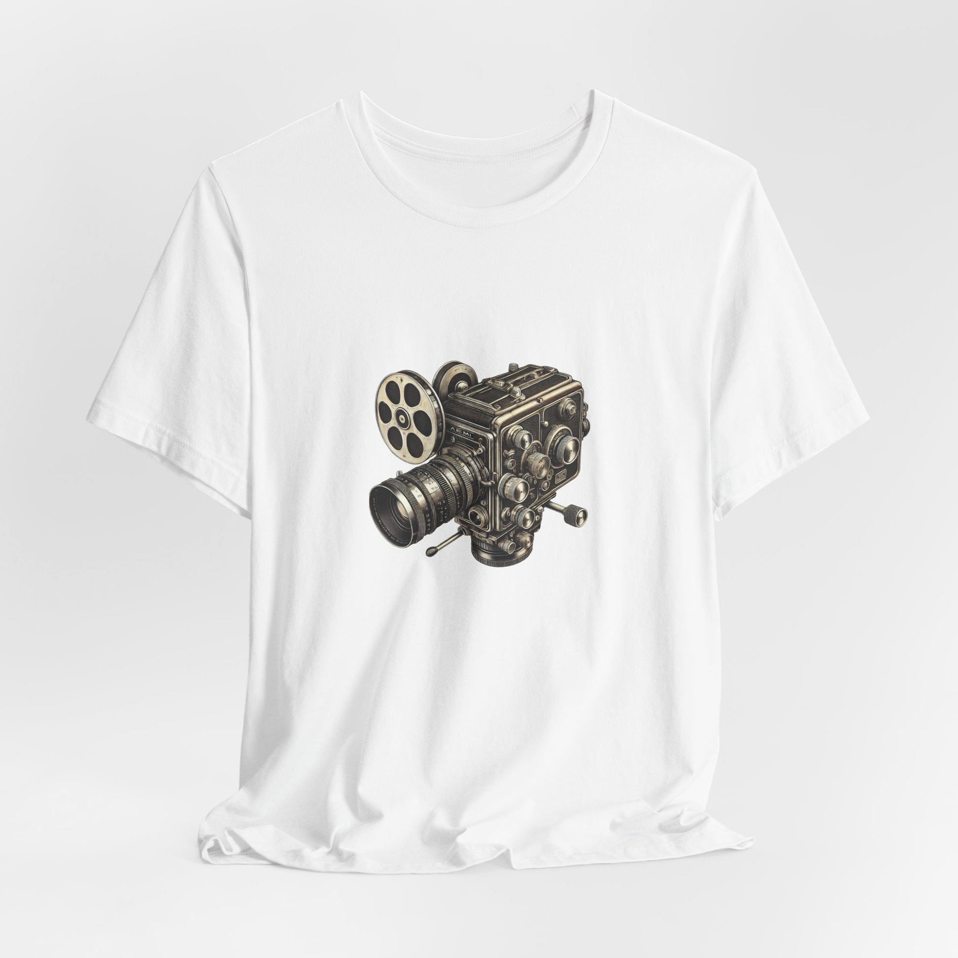White t-shirt with vintage 16mm camera design on hanger