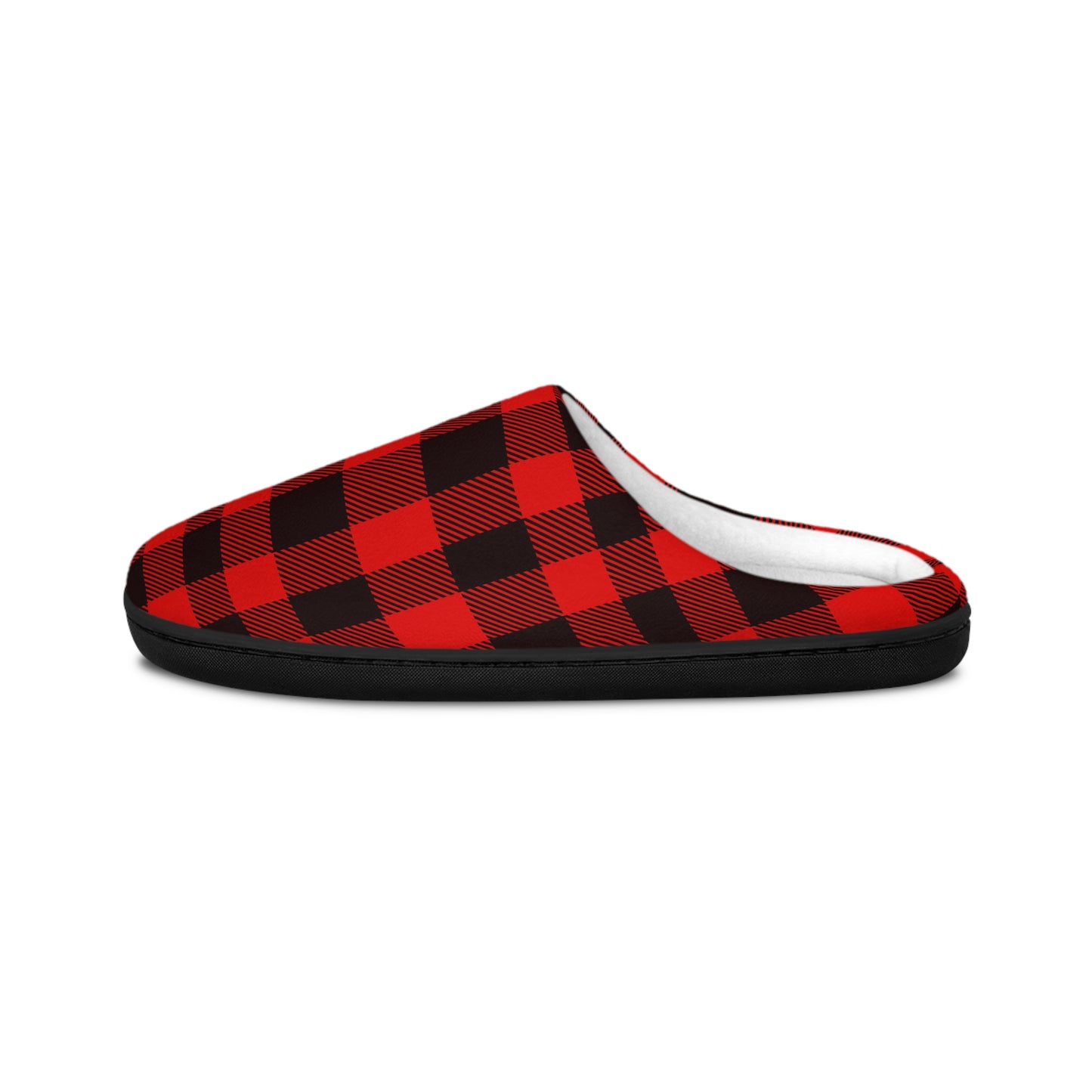 Red & Black Plaid Men’s Slippers profile view highlighting fleece lining