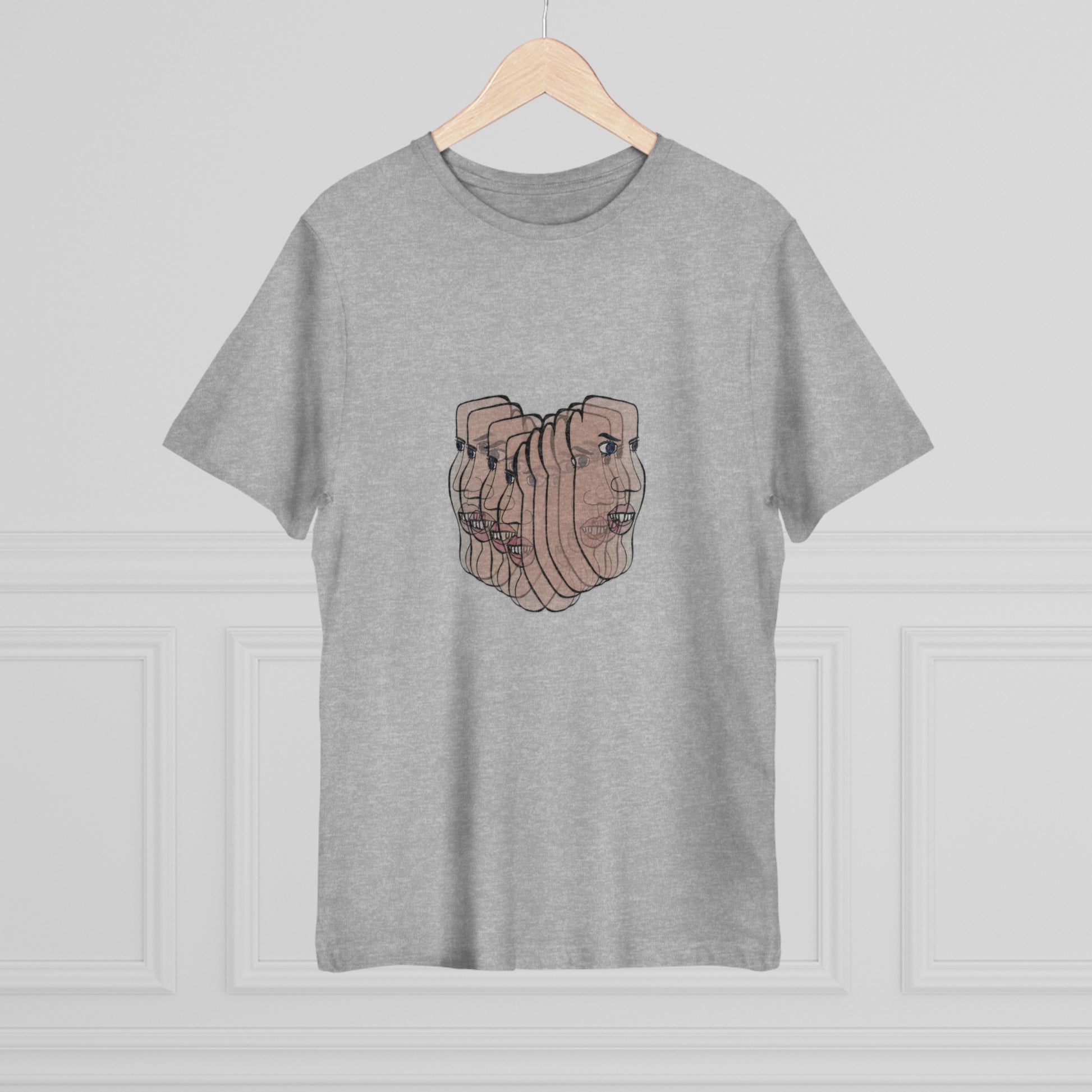 Heather gray Charlie t-shirt with line art hanging on hanger
