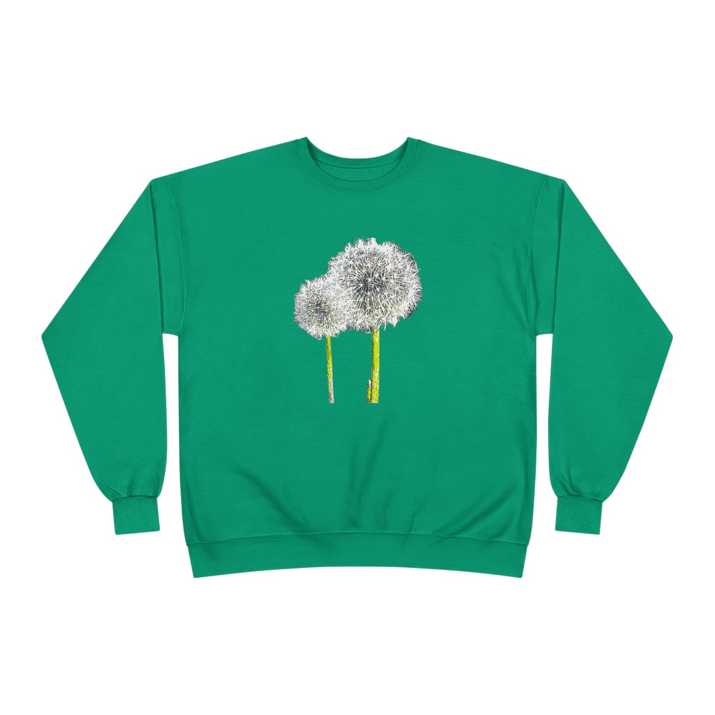 Green Tantrum Media Dandelion Unisex Sweatshirt with white dandelion print, flat on white background