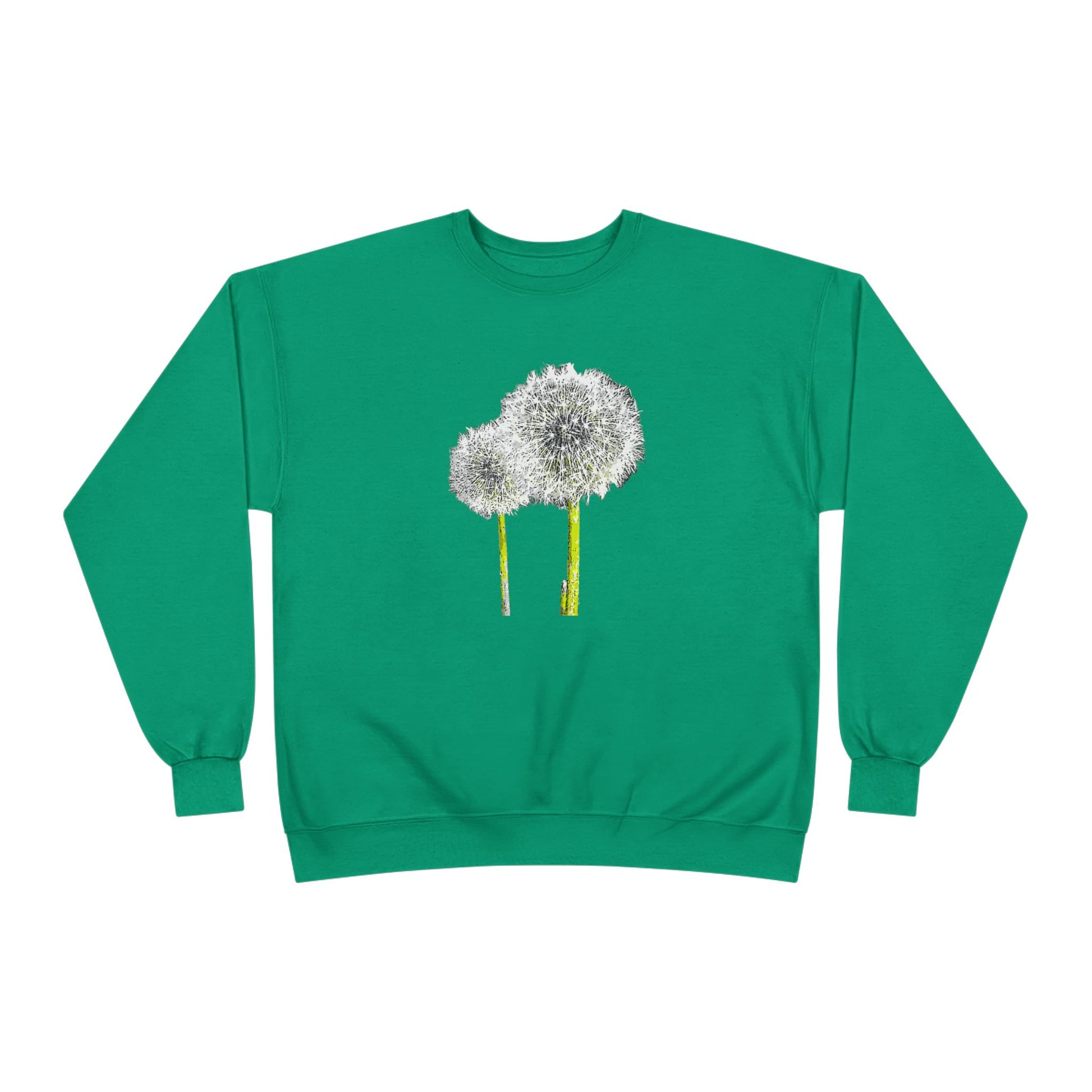 Green Tantrum Media Dandelion Unisex Sweatshirt with white dandelion print, flat on white background