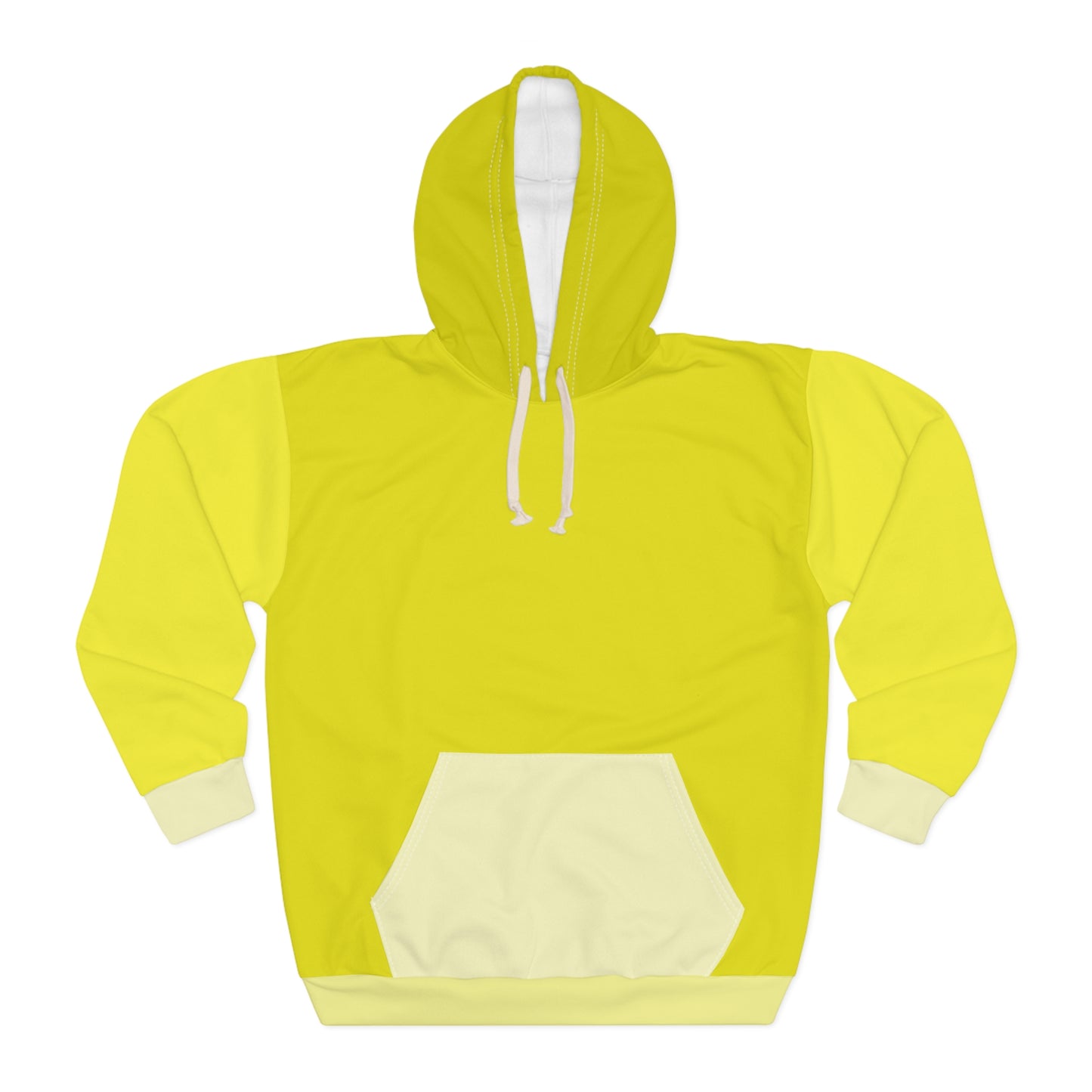 Banana Unisex Hoodie front view showing bright yellow color block design with white drawstring hood and spacious kangaroo pocket