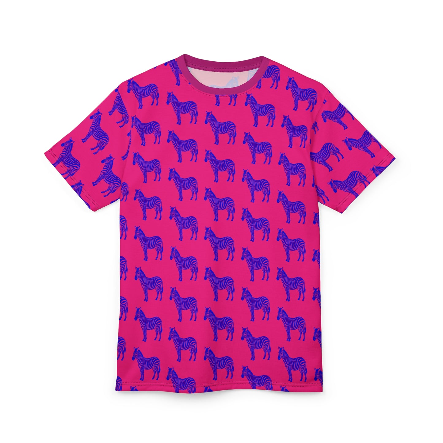 Blue Zebra Unisex T-Shirt flat lay front view with vivid blue zebra print on pink fabric.
