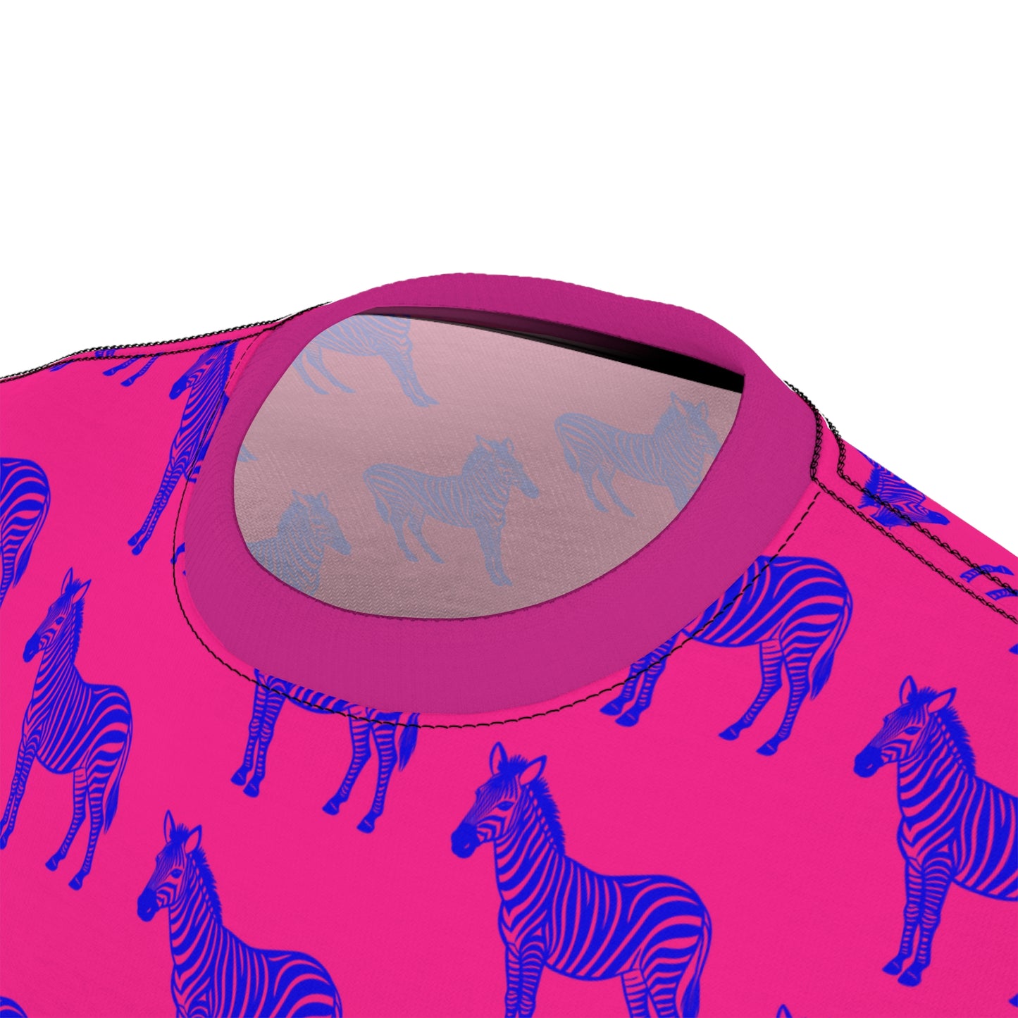 Close-up of Blue Zebra Unisex T-Shirt collar detail with blue zebra print on pink background.
