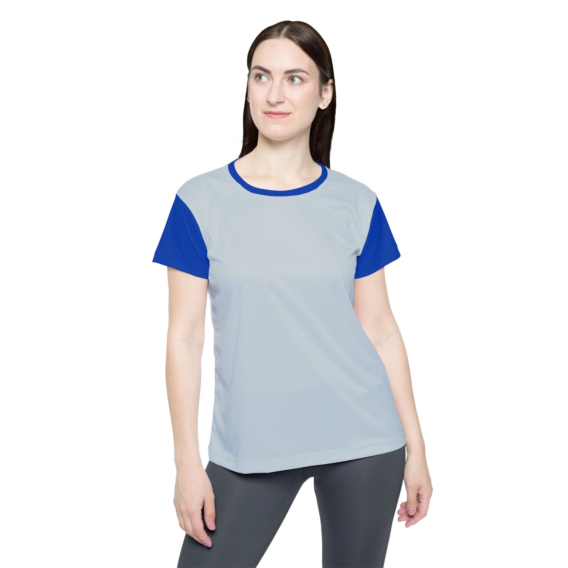 Front view of model wearing Let's Go Yankees women's sports jersey with light gray body and blue sleeves