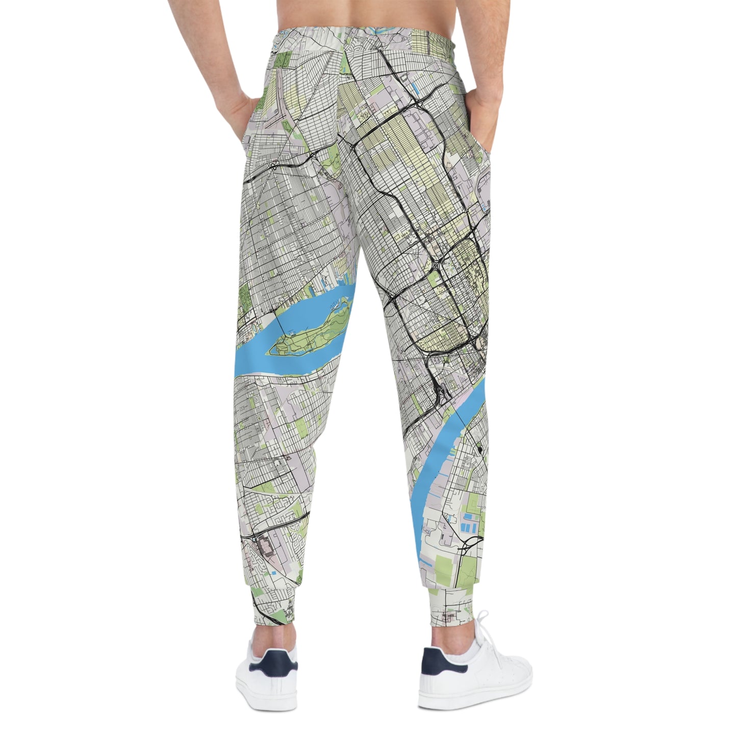 Back view of Detroit Joggers on model showing waistband and full map print