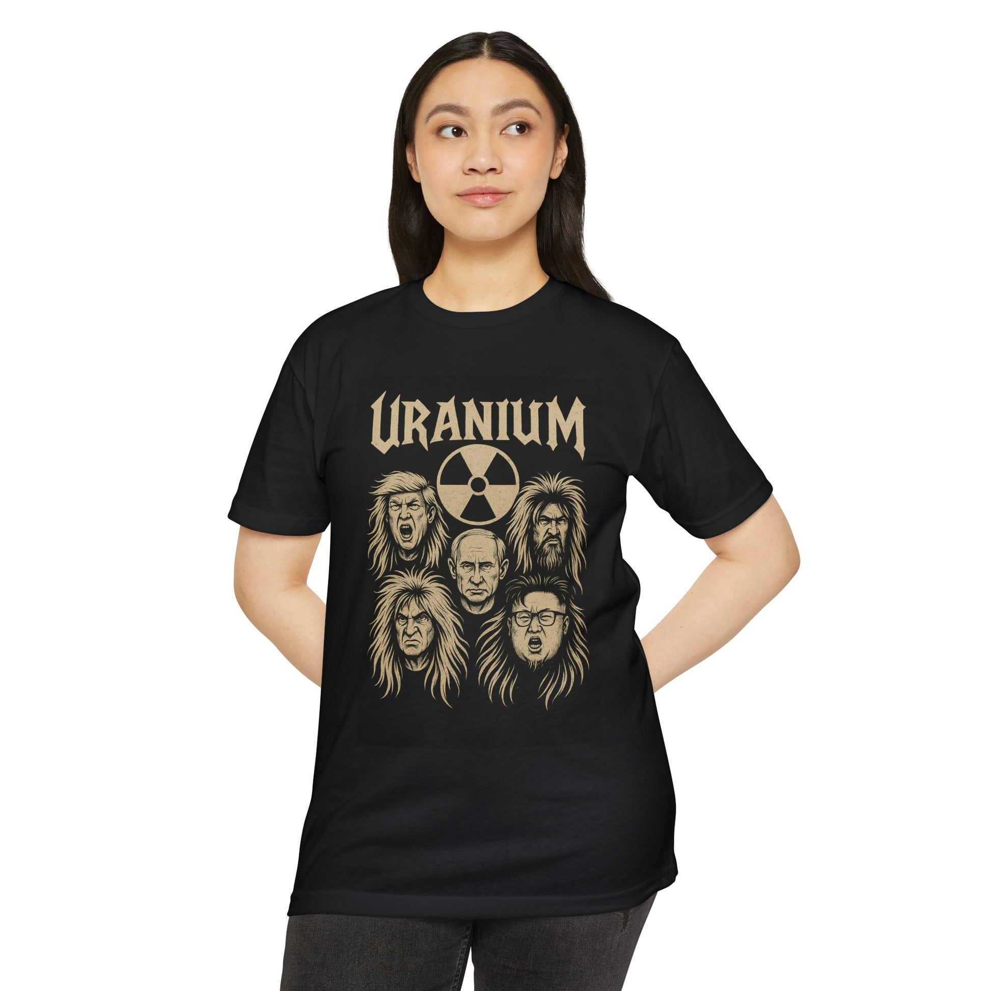 Female model wearing the Uranium World Tour 2025 heavy metal parody T-shirt, standing with hands behind back