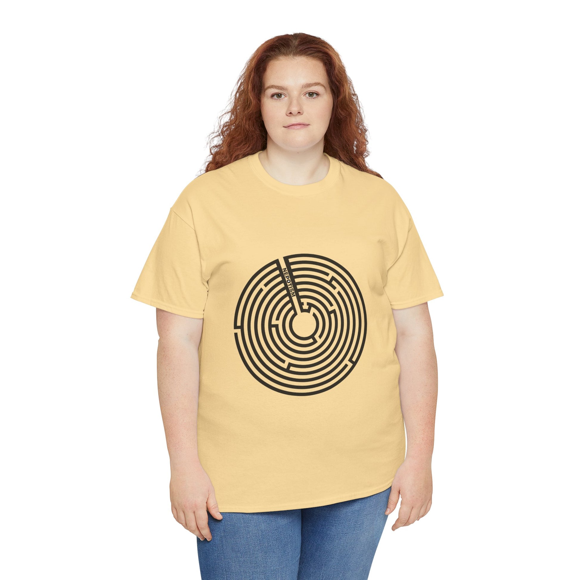 Female model in yellow Nepo T-Shirt with maze circle print