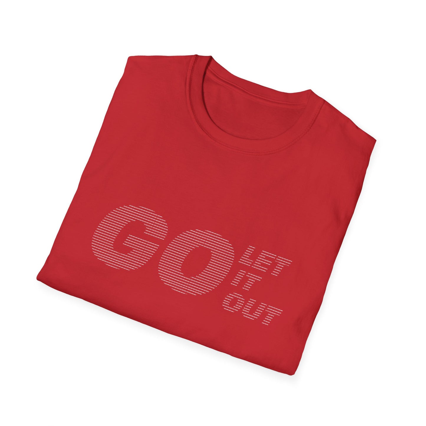 Folded red Oasis Go Let It Out stencil t-shirt with bold graphic.