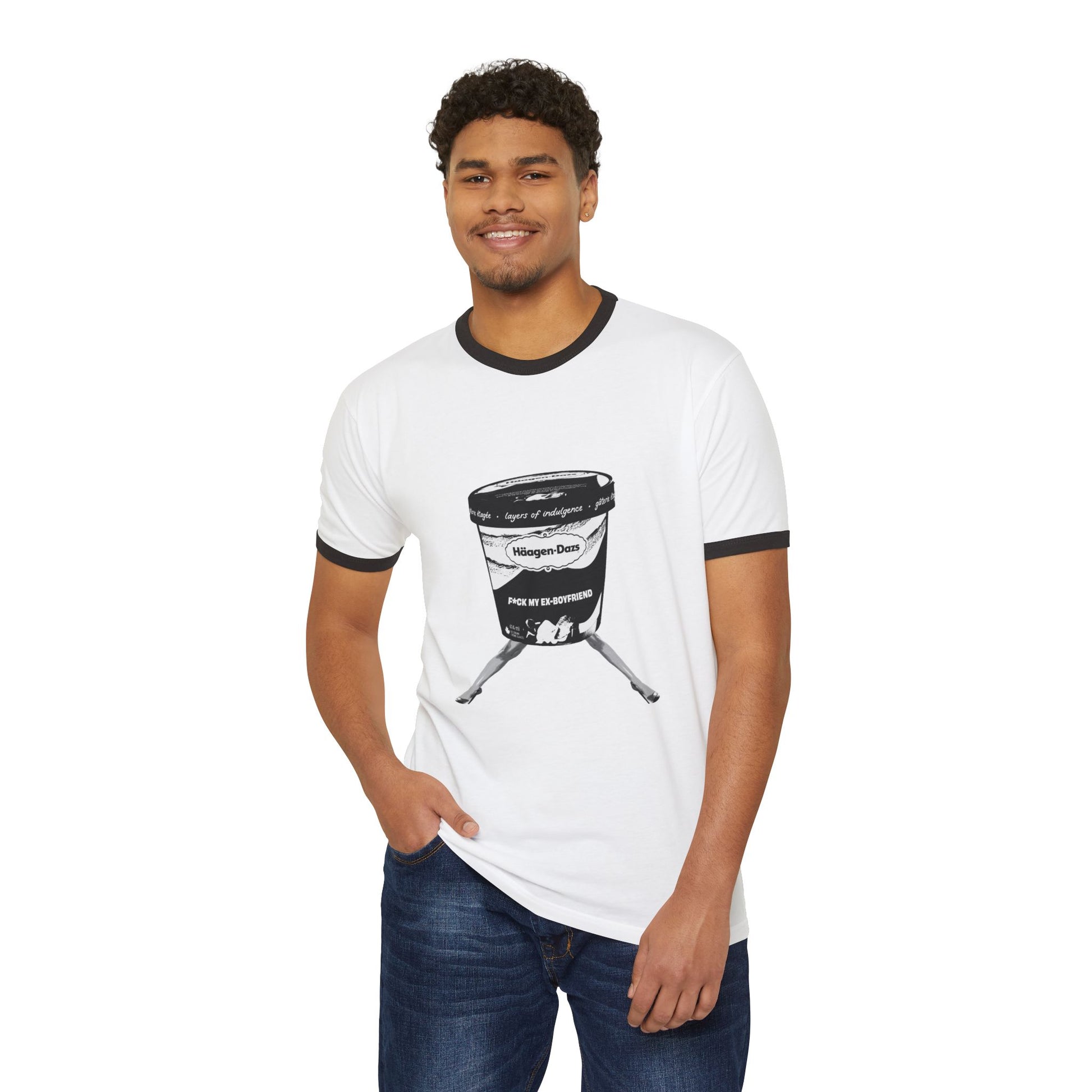 Man standing in white ringer t-shirt with bold and funny breakup illustration