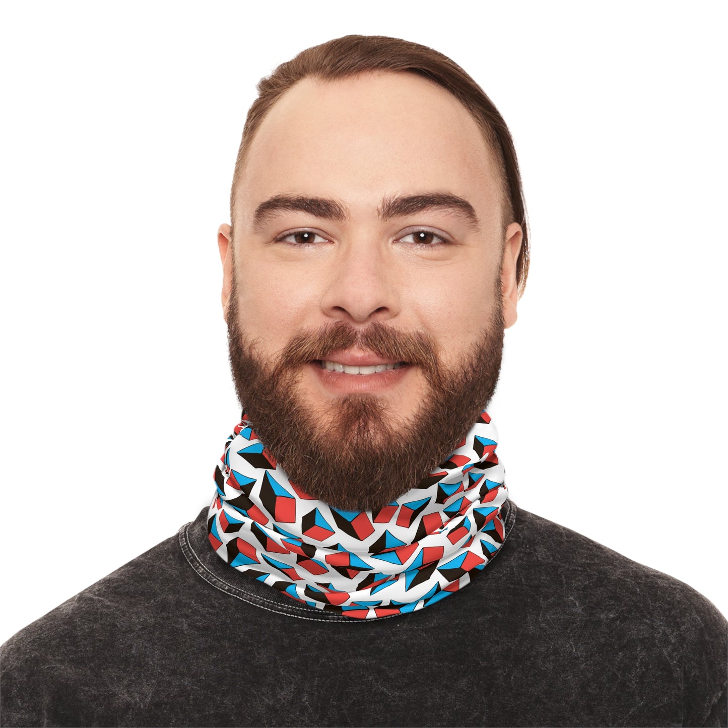 Geometric Shapes Tube Scarf worn as neck scarf male model portrait