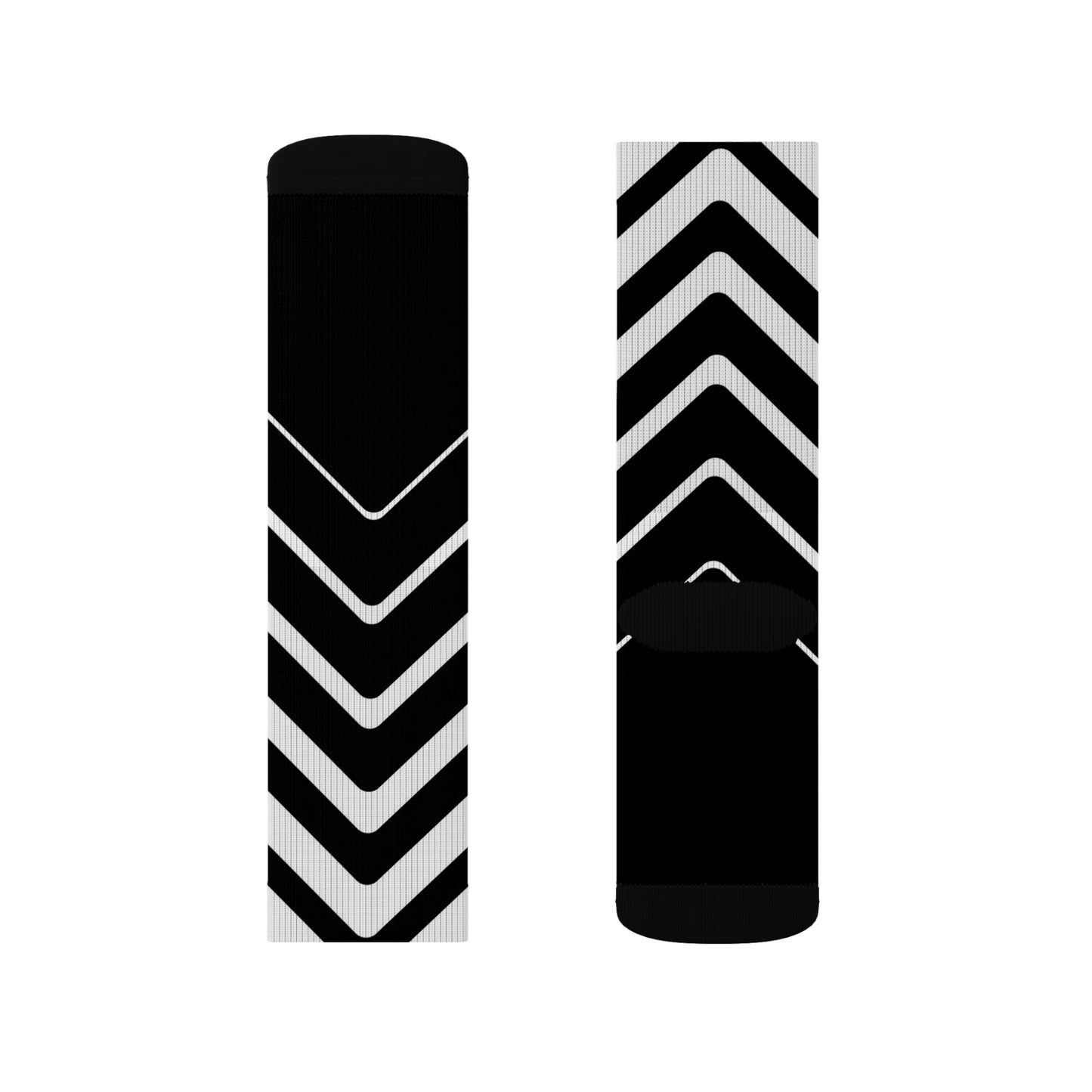 Another flat lay showing front and back view of black and white arrow patterned geometric socks.
