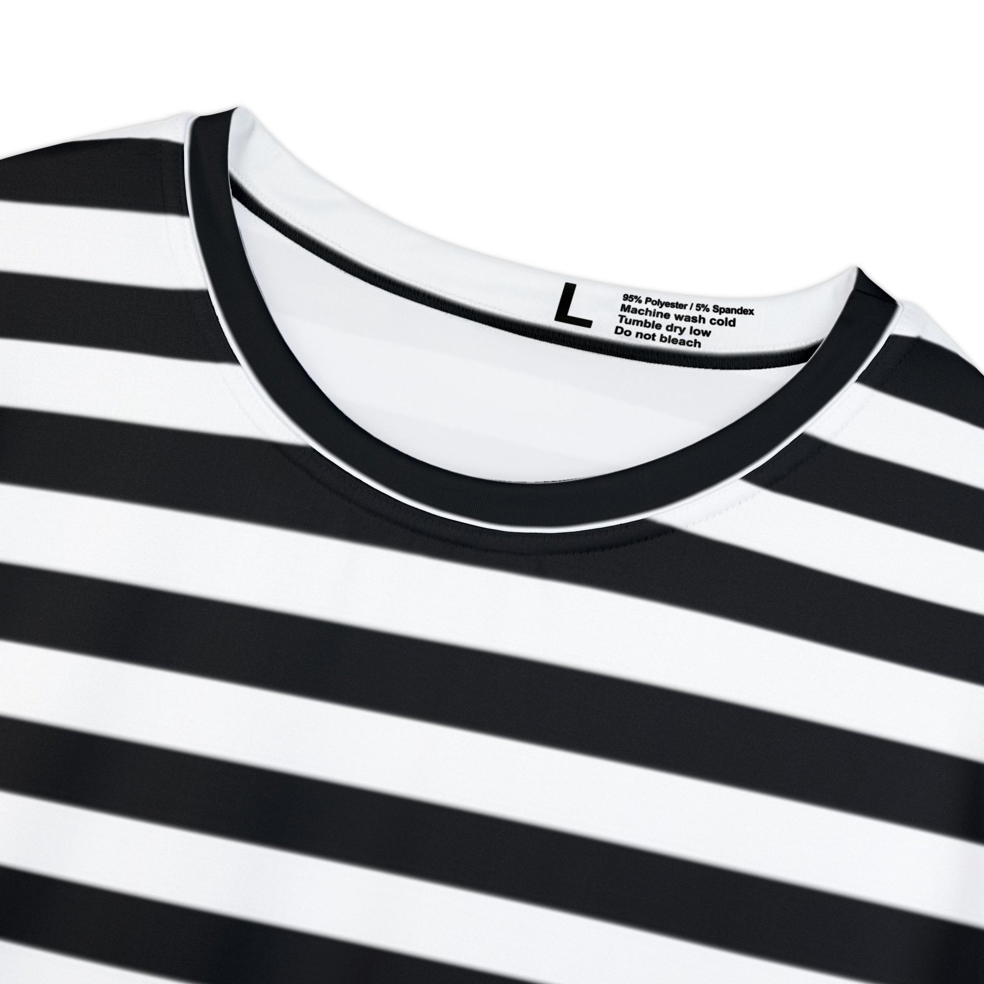 Close-up of Women's Black Stripes T-Shirt neckline and stripe detail