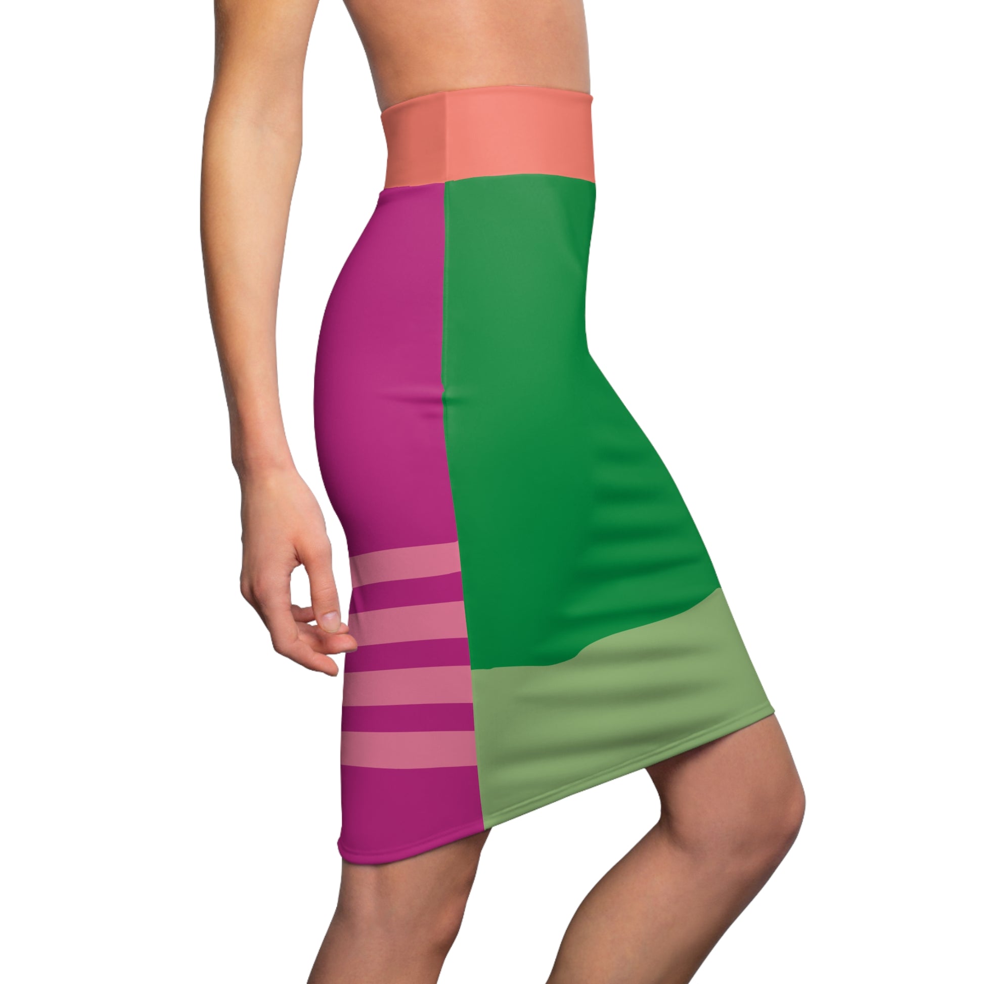Side view of the skirt on model walking, showing transition from green front to pink striped back