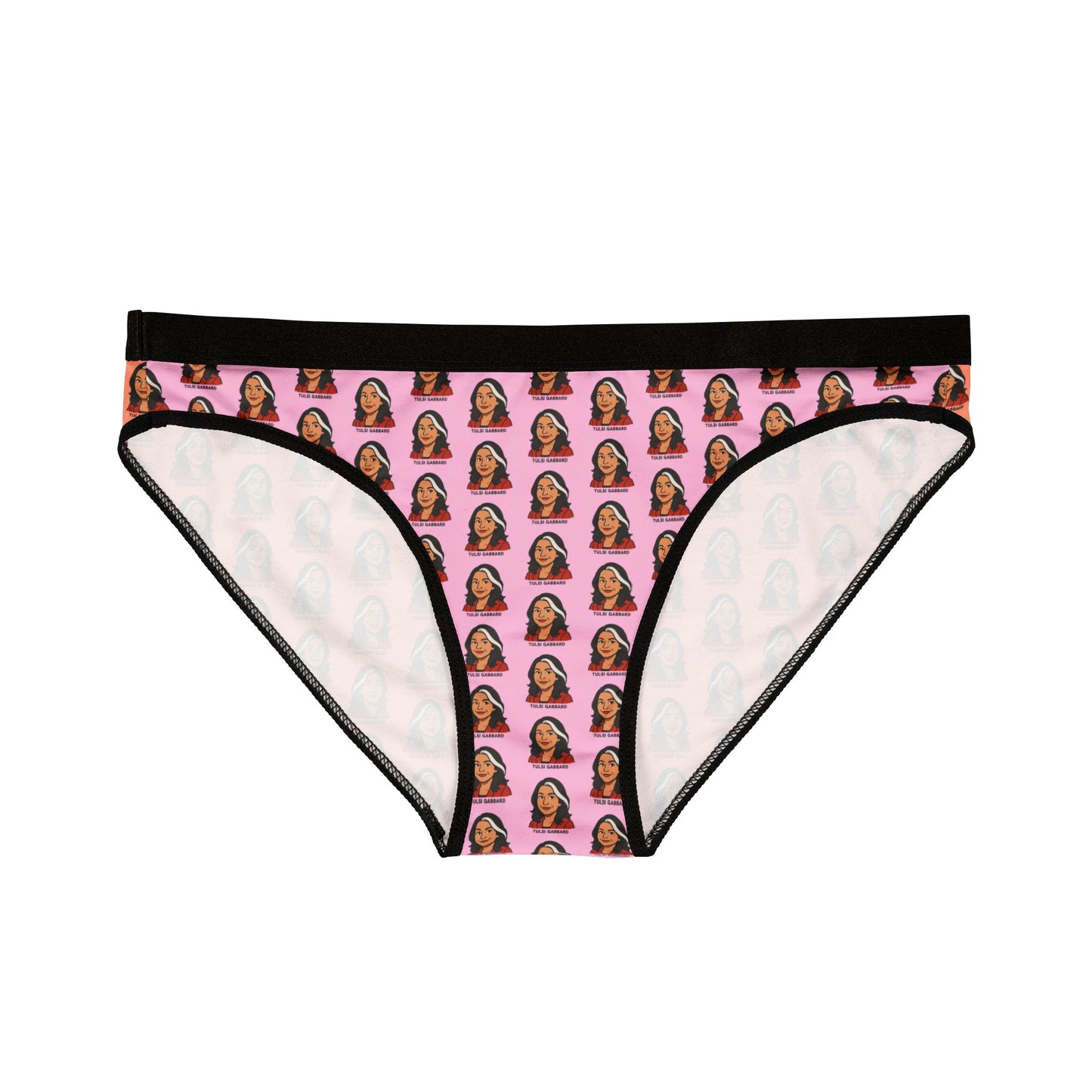 Front view of Tulsi Gabbard women’s underwear with black waistband and repeated face pattern on pink background