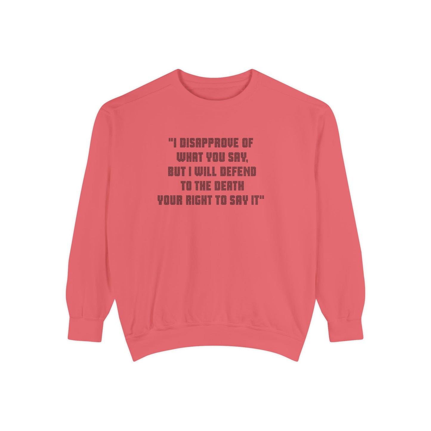 Red Freedom of Speech sweatshirt flat lay with black quote text