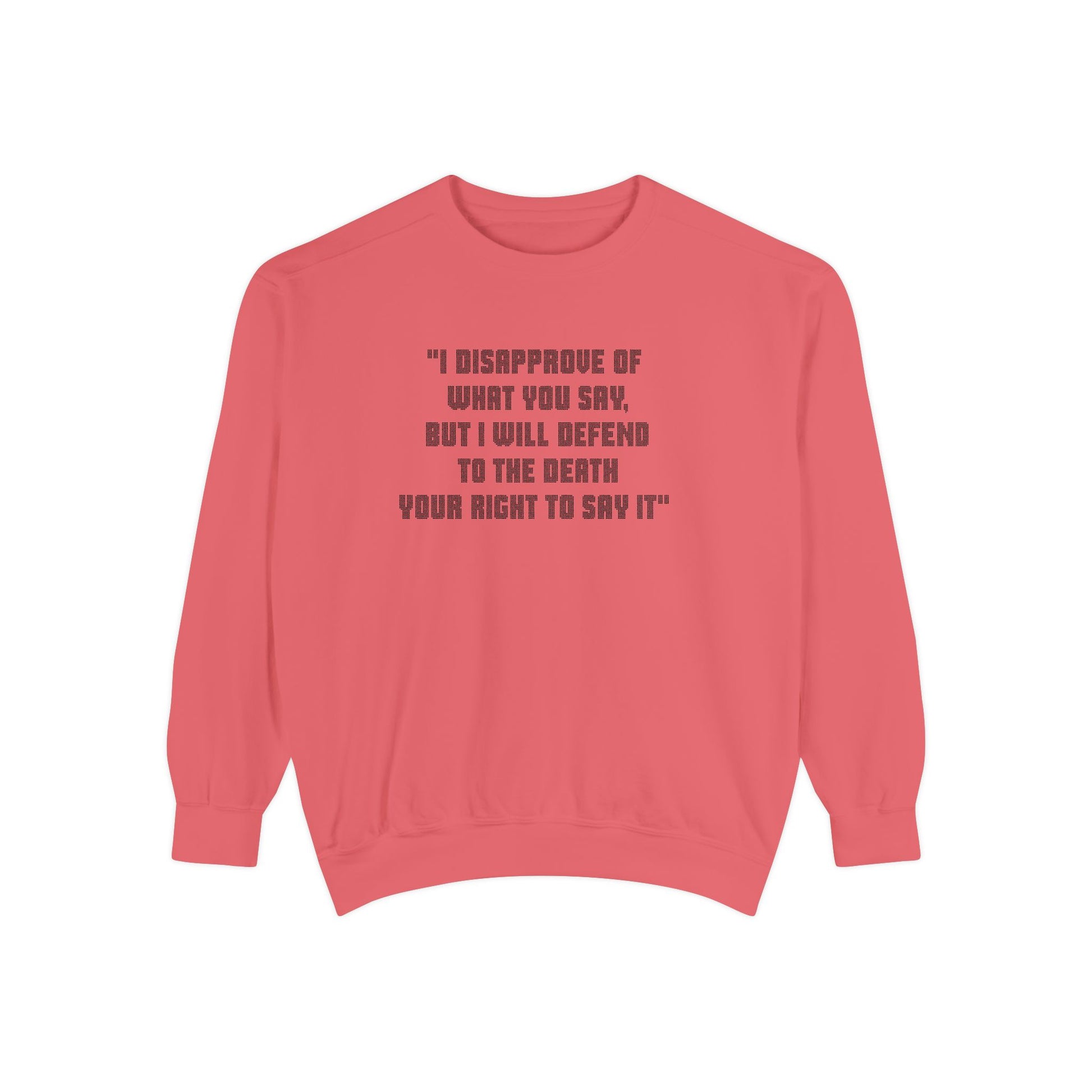 Red Freedom of Speech sweatshirt flat lay with black quote text