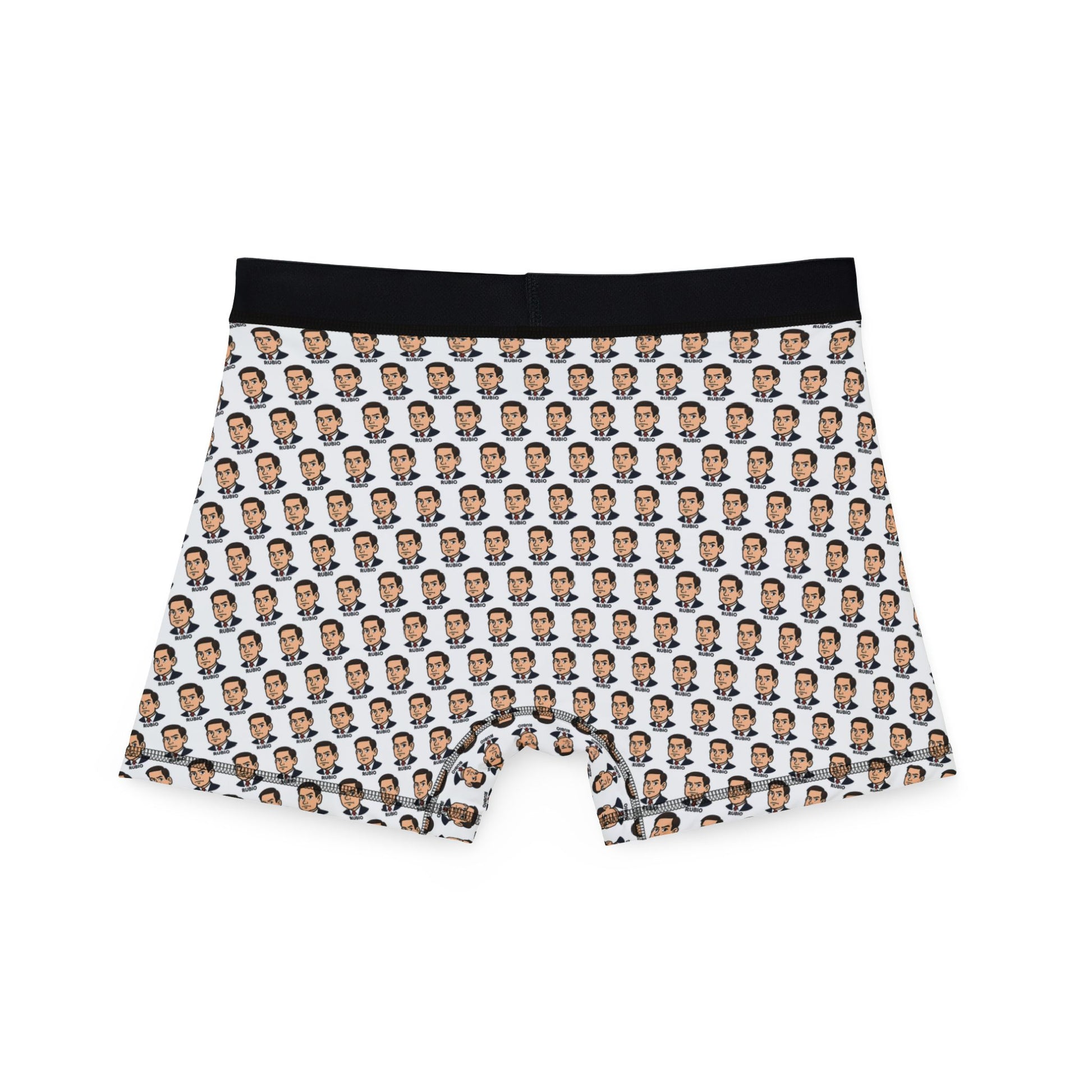 Back view of Marco Rubio face print boxer briefs with black waistband, laid flat on white background