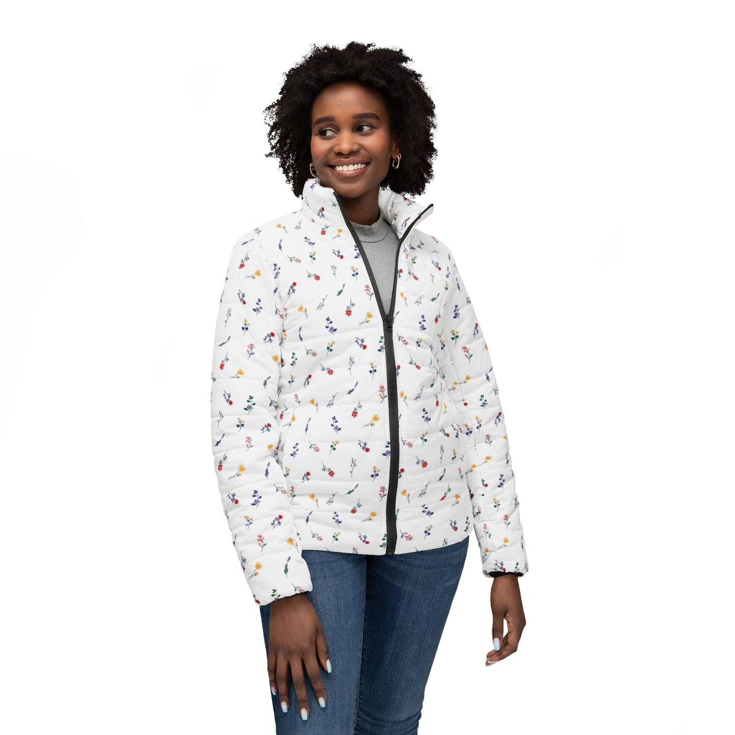 Model wearing Women’s Wild Flowers Puffer Jacket with floral pattern front view