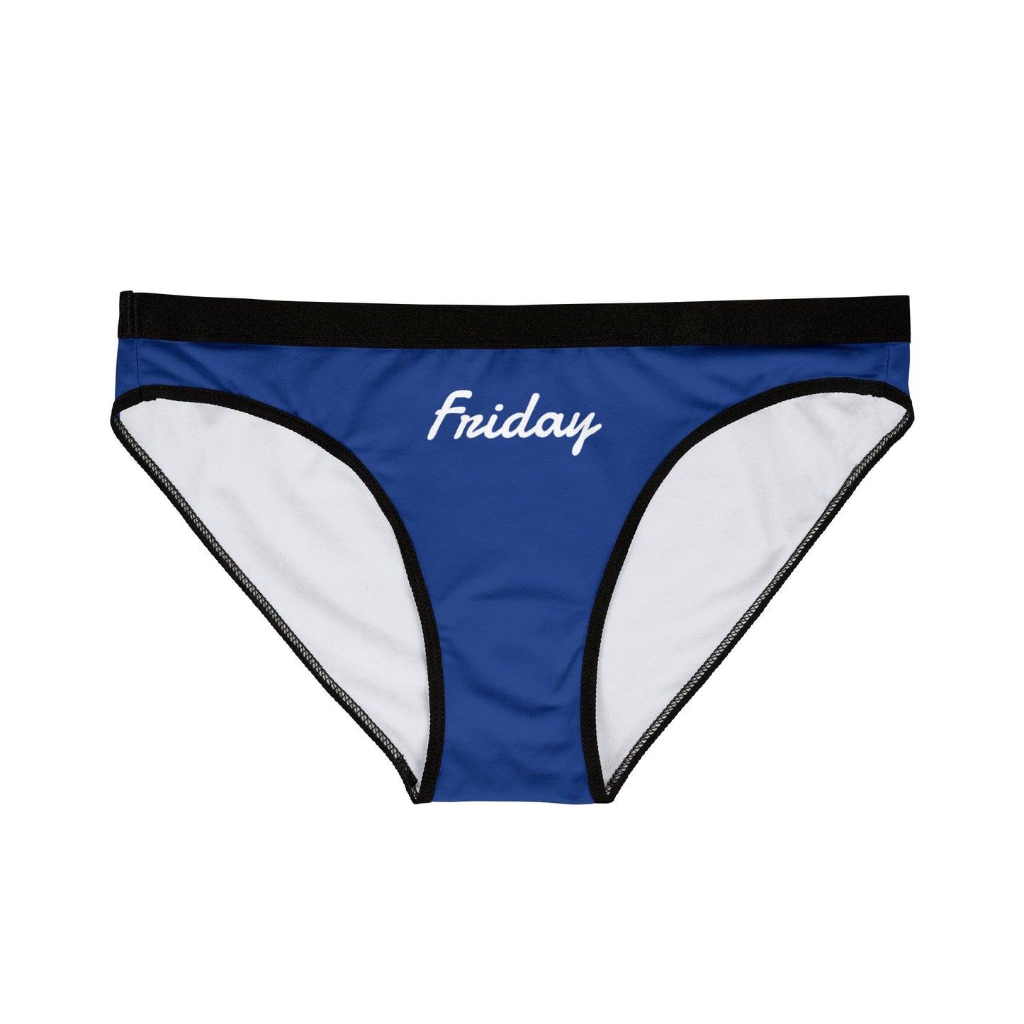 Front view of Friday Panty Blue with black waistband and trim, white “Friday” text on rich blue fabric