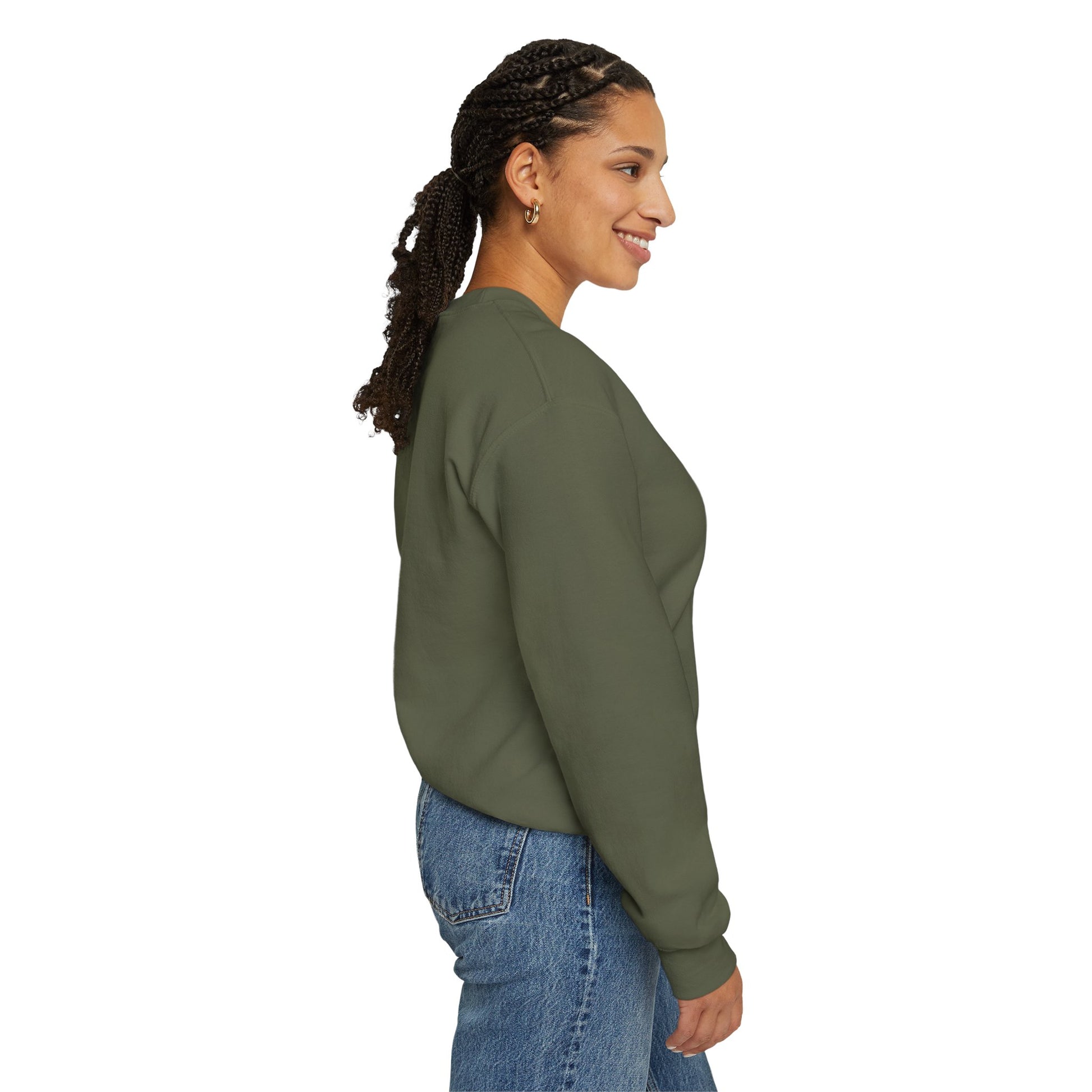 Female model side profile wearing olive green Film Camera Sweatshirt with relaxed fit.