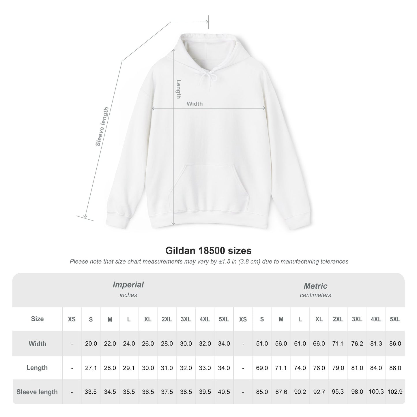 White hoodie product size chart with garment measurements.